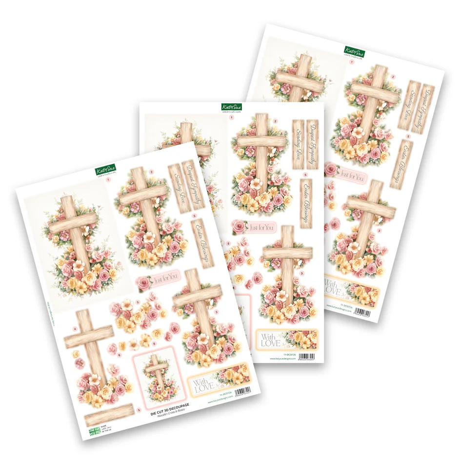 Die Cut Decoupage – Wooden Cross & Roses (pack of 3)