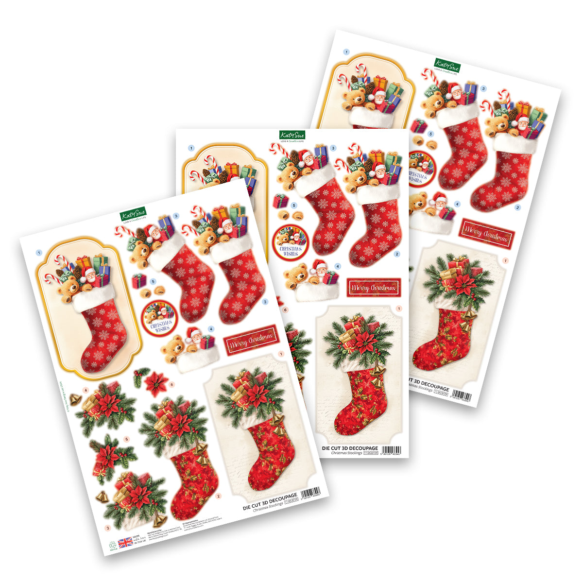 Katy Sue Designs Die Cut Decoupage – Christmas Stockings (pack of 3)