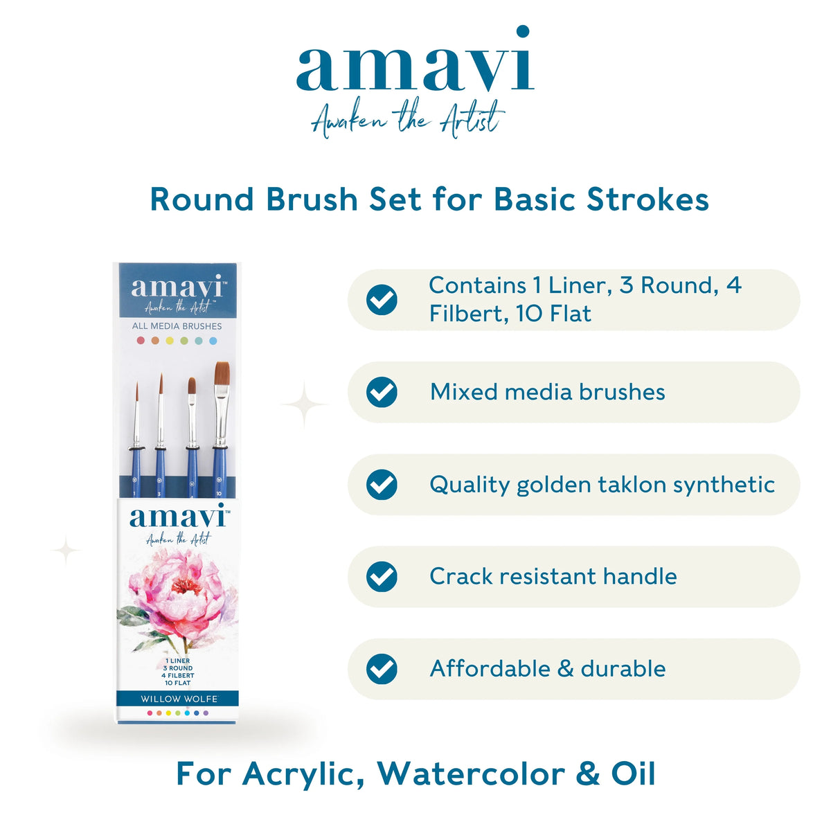 Willow Wolfe - Amavi® Mixed Media Golden Taklon Brushes Set #6
