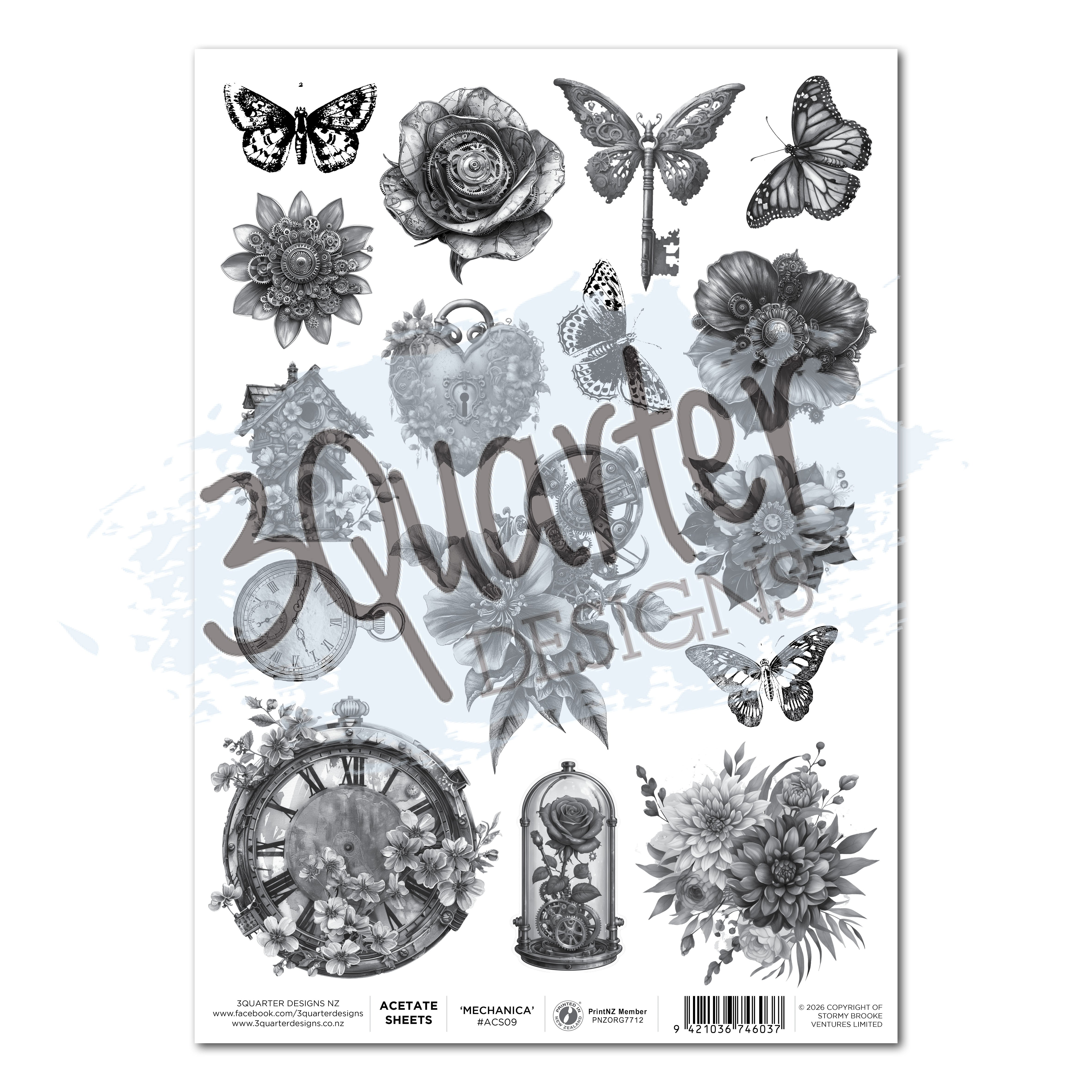 3Quarter Designs Floral Mechanica - A4 Acetate - 3 Sheets