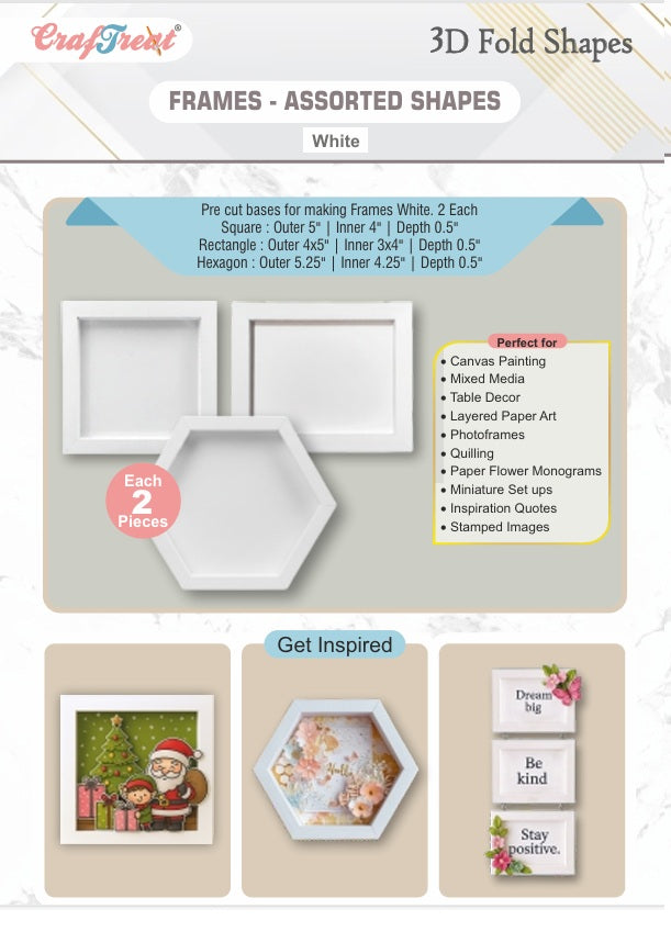 CrafTreat 3D Fold Shapes - Frames White - Assorted Shapes 6pcs