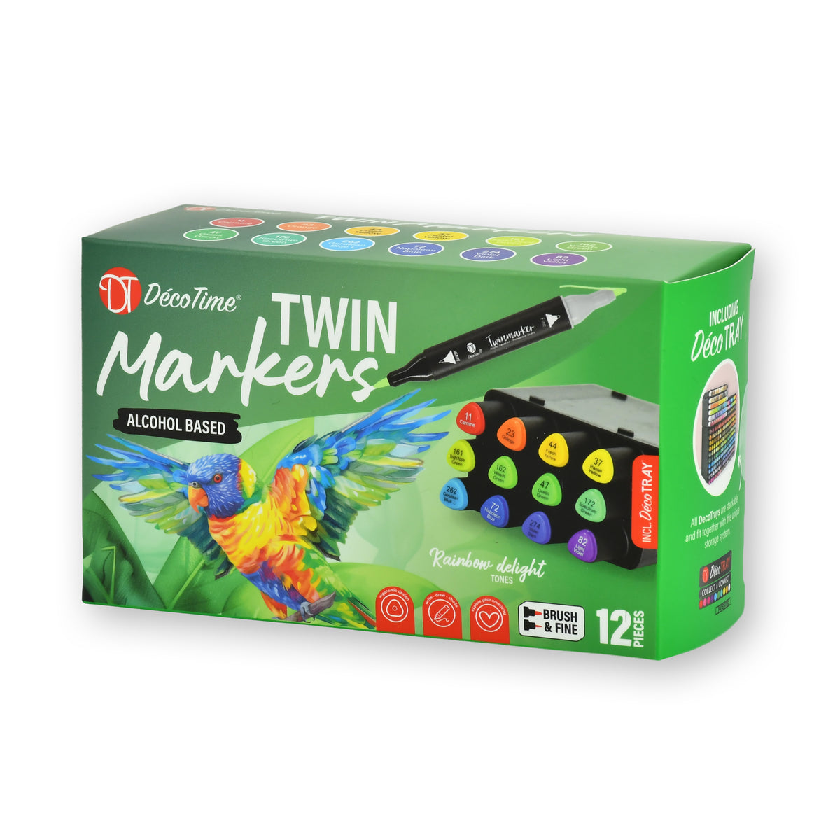 Decotime Alcohol Twin Markers - Rainbow Delight Tones - Brush & Fine Tip - incl. Decotray - 12 Pieces