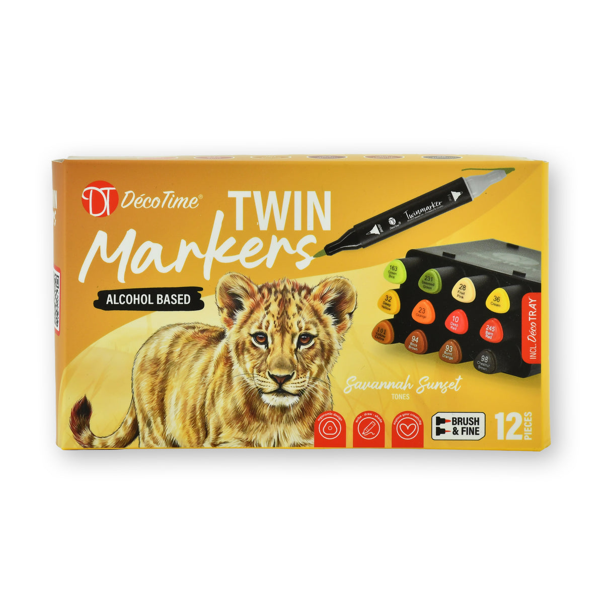 Decotime Alcohol Twin Markers - Savannah Sunset Tones - Brush & Fine Tip - incl. Decotray - 12 Pieces
