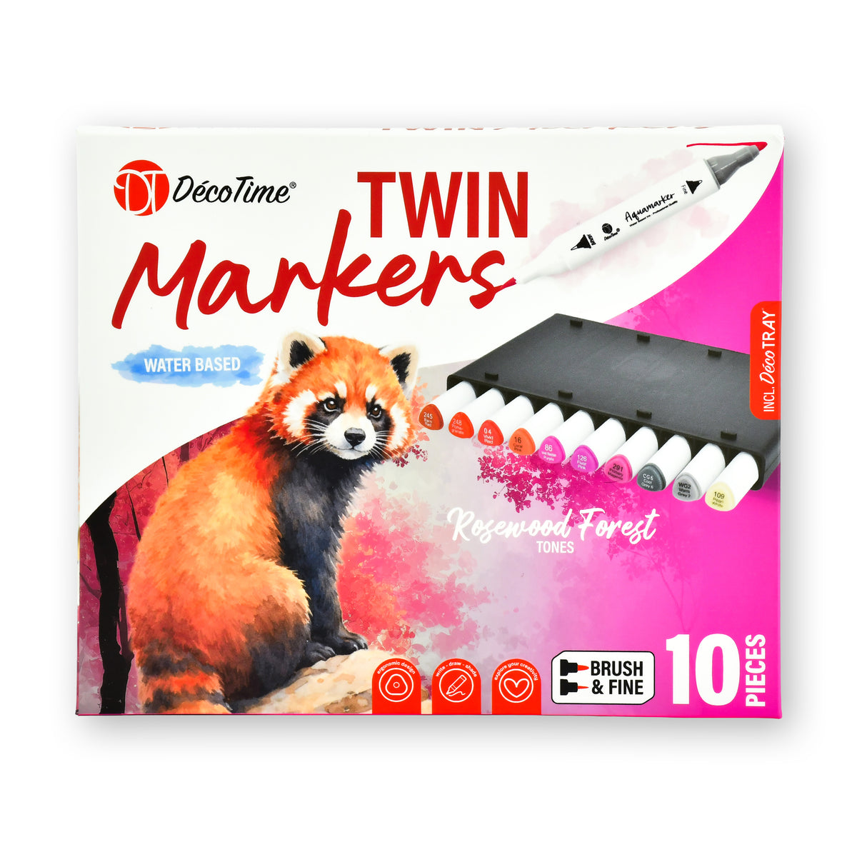 Decotime Aqua Twin Markers - Rosewood Forest Tones - Brush & Fine Tip - incl. Decotray - 10 Pieces
