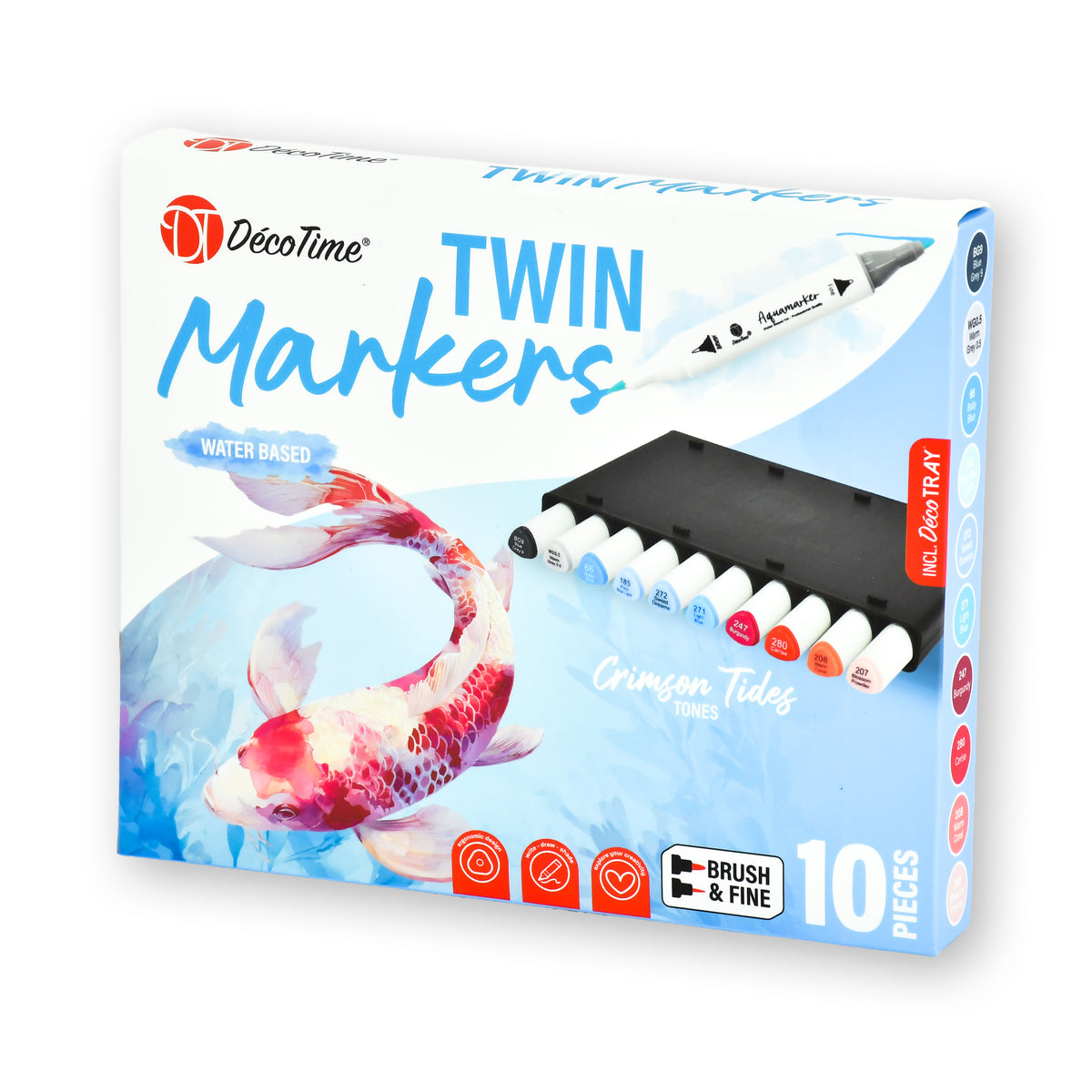 Decotime Aqua Twin Markers - Crimson Tides Tones - Brush & Fine Tip - incl. Decotray - 10 Pieces