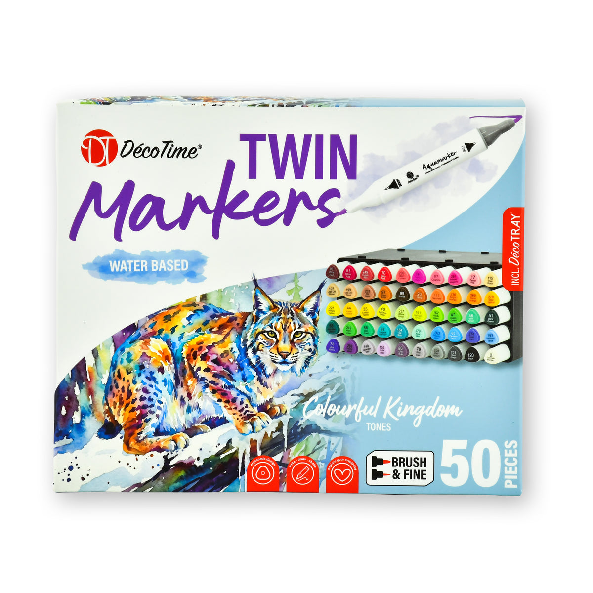 Decotime Aqua Twin Markers - Colourful Kingdom - Brush & Fine Tip - incl. Decotray - 50 Pieces