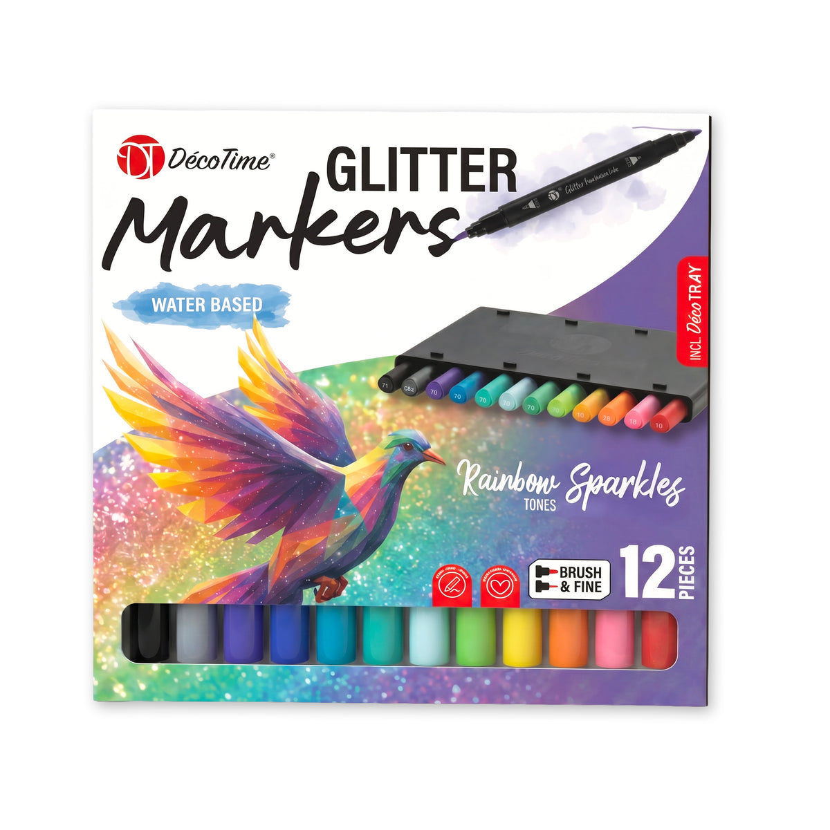 Decotime Aqua Glitter Markers - Rainbow Sparkles - Brush & Fine Tip - incl. Decotray - 12 Pieces