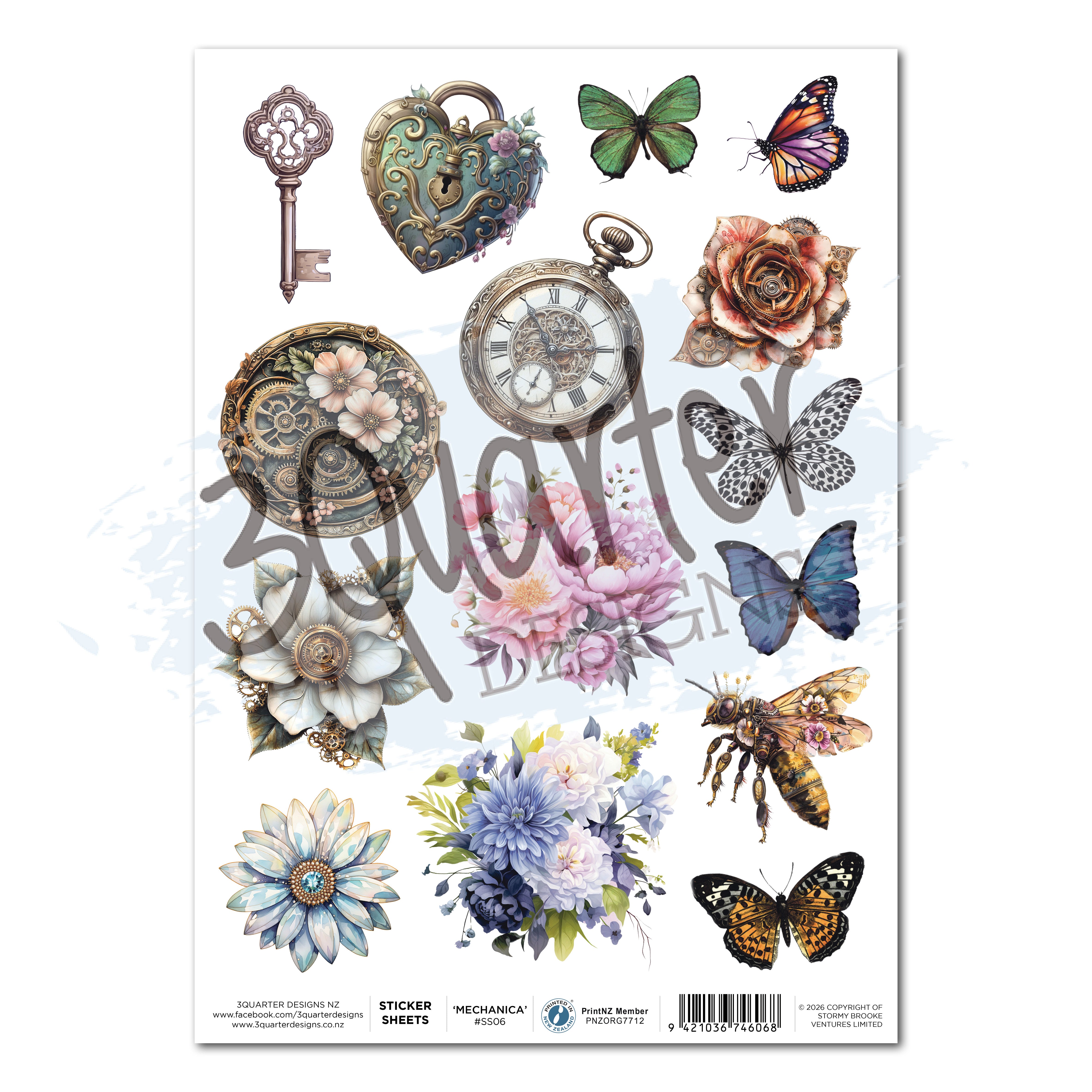 3Quarter Designs Floral Mechanica - A4 Sticker Sheet - 3 Sheets