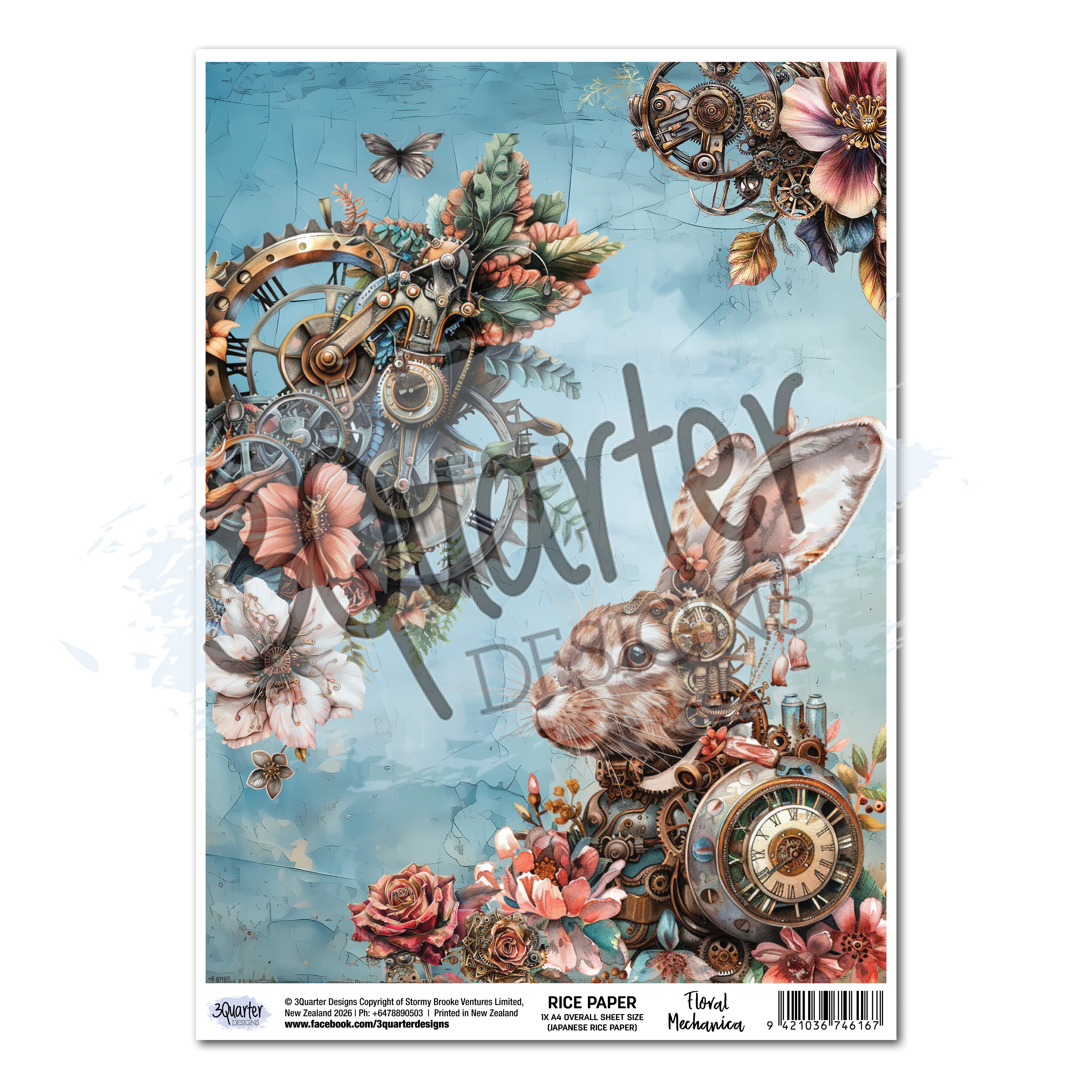 3Quarter Designs Floral Mechanica - A4 Rice Paper - 3 Sheets