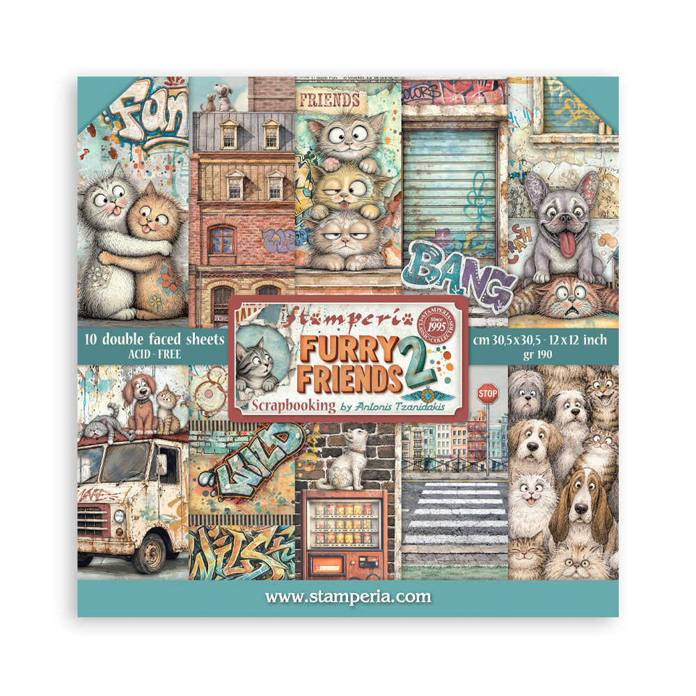 12”x12” (30.5x30.5 cm) Paper Pad 10 Double Sided Printed Sheets - Furry Friends 2