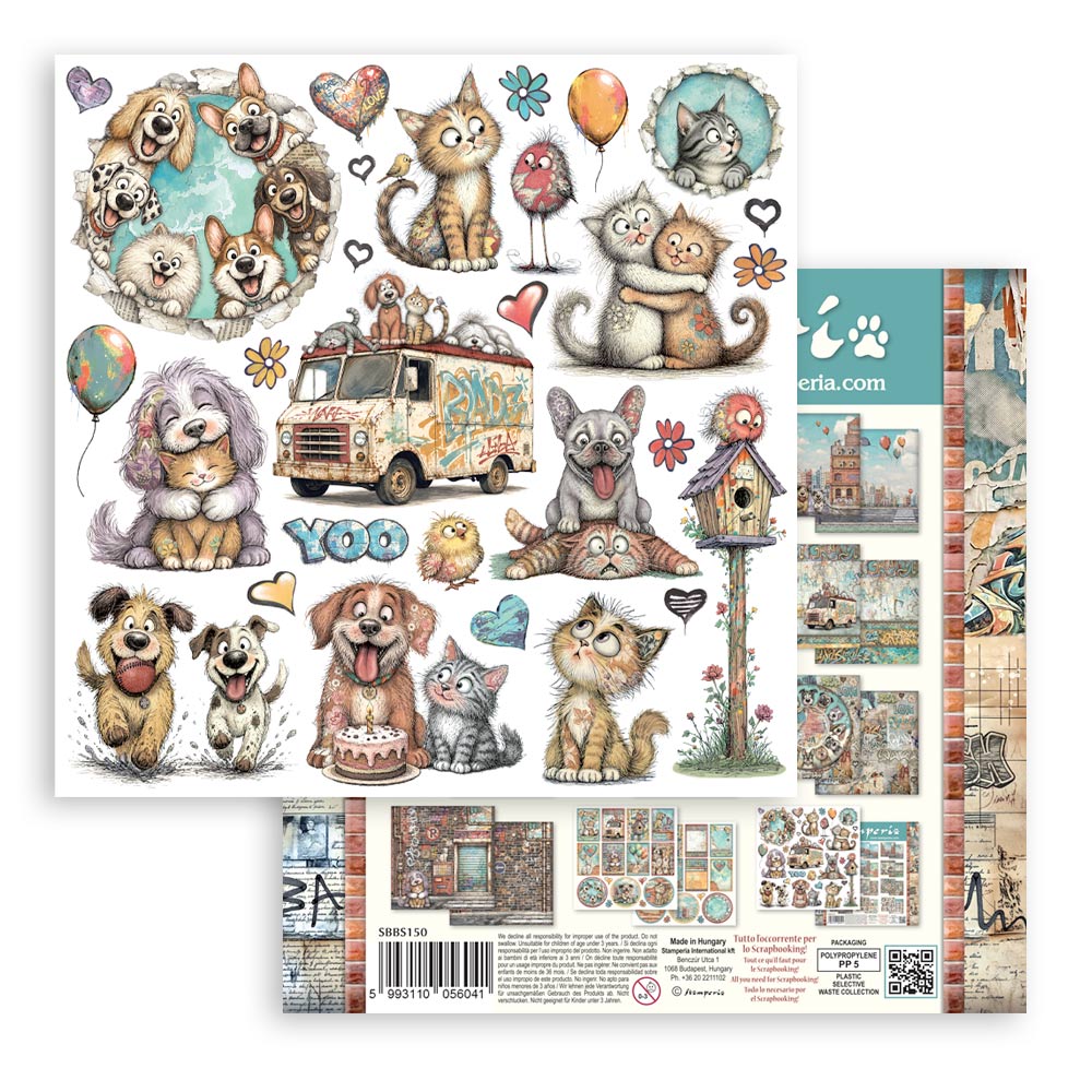 8”x8” (20.3x20.3 cm) Paper Pad 10 Double Sided Printed Sheets - Furry Friends 2
