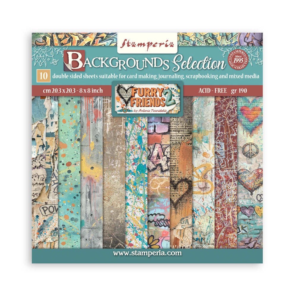 8”x8” (20.3x20.3 cm) Paper Pad 10 Double Sided Printed Backgrounds Sheets - Furry Friends 2