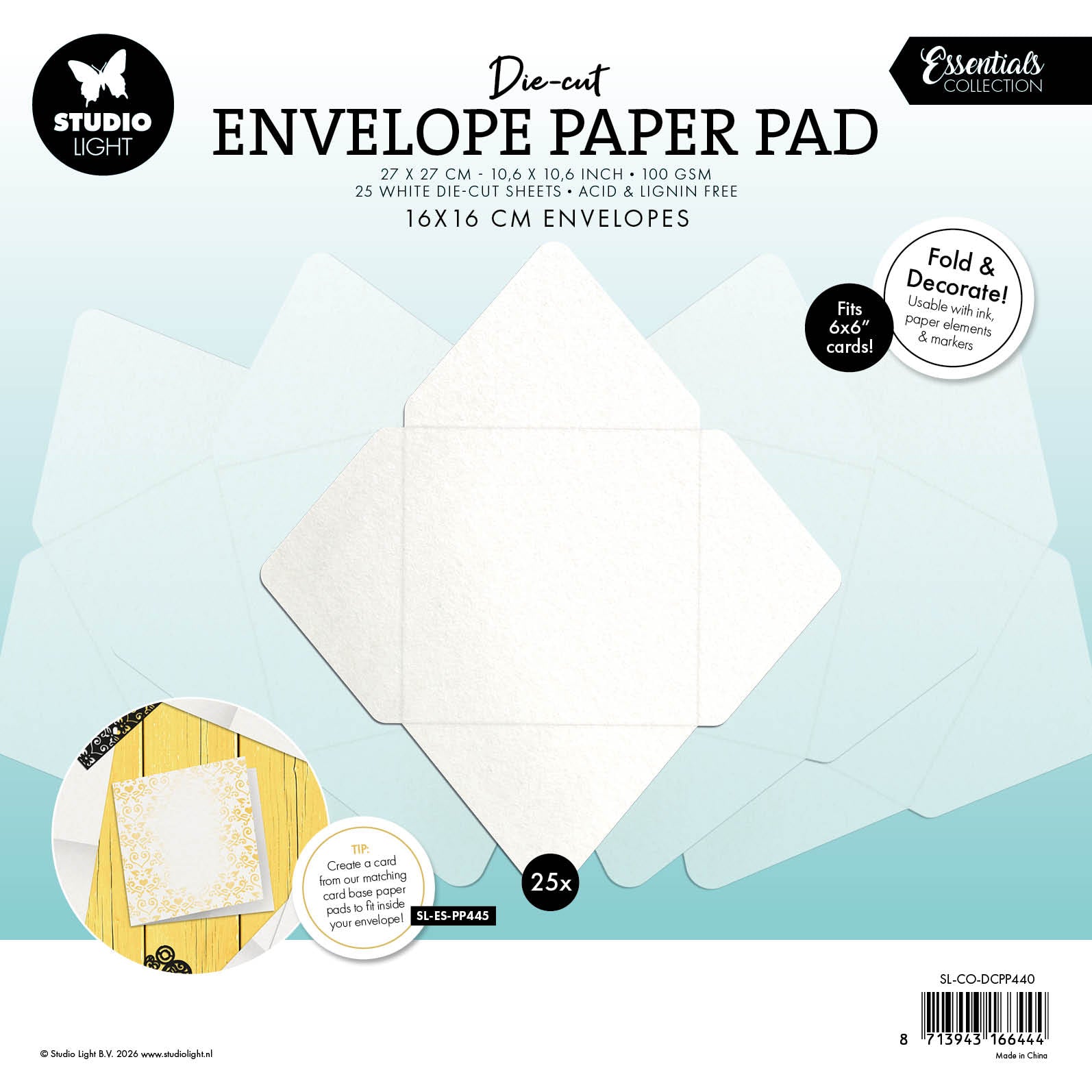 SL Die-Cut Paper Pad 16x16 cm Envelopes for 6x6" Cards Essentials 25 Sheets