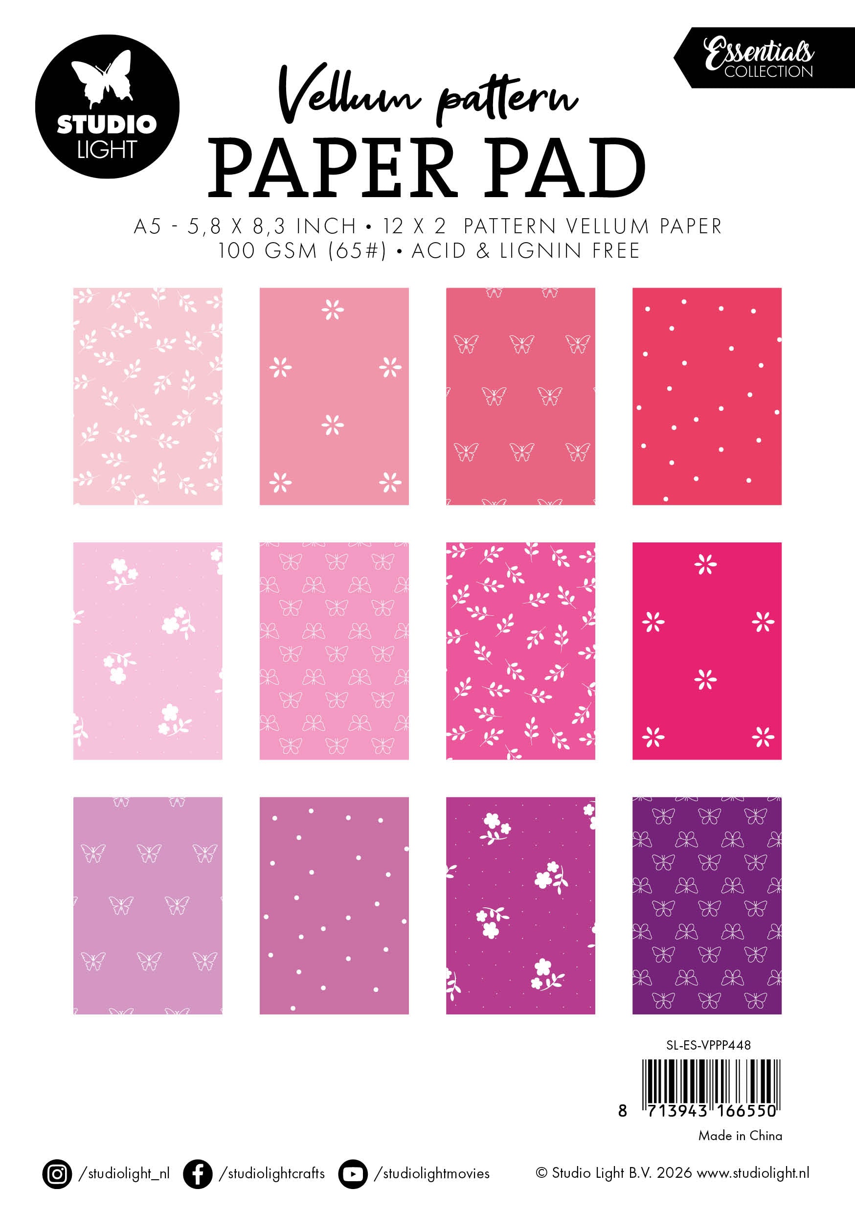 SL Vellum Paper Pad Spring Pink Print Essentials 24 Sheets