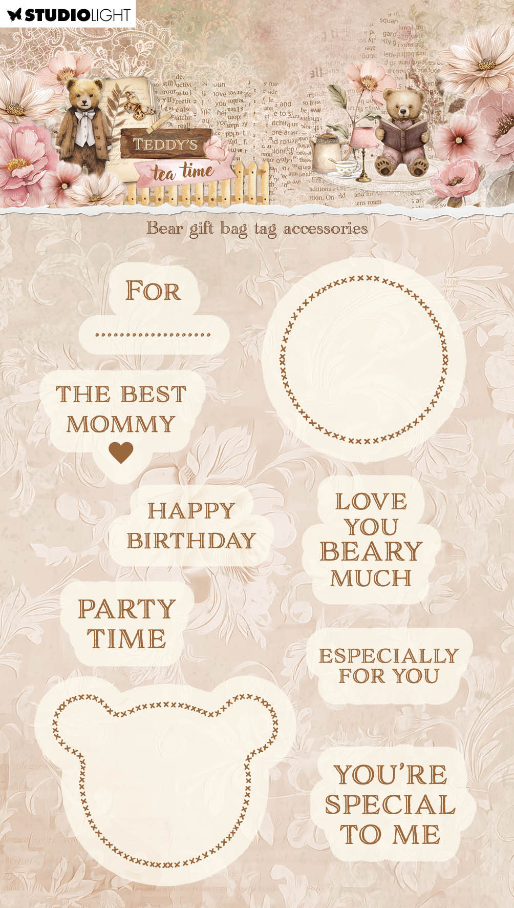 SL Clear Stamp Bear Gift Bag Tag Accessories Teddy's Tea Time 9 Pieces