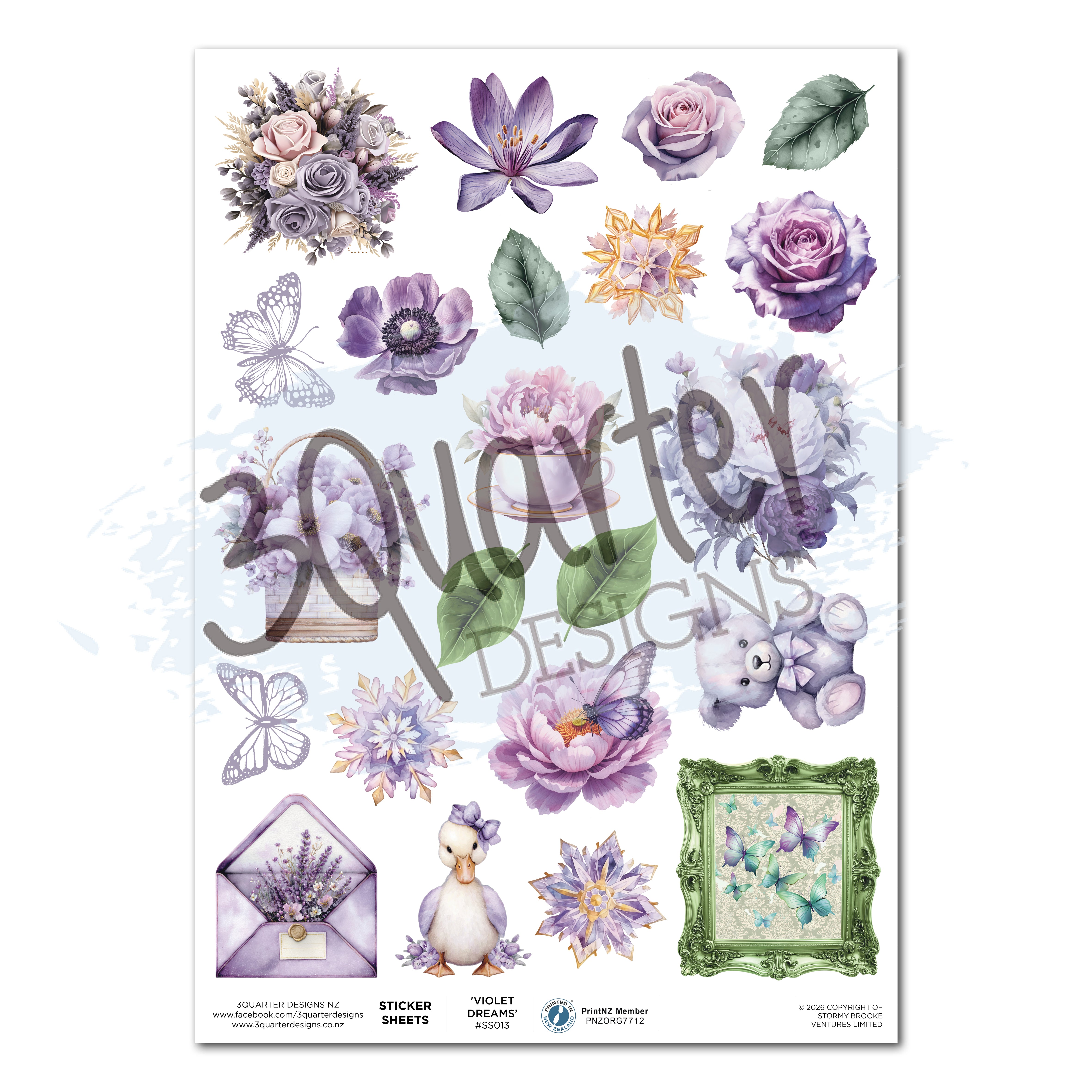 3Quarter Designs Violet Dreams - A4 Sticker Sheet - 3 Sheets