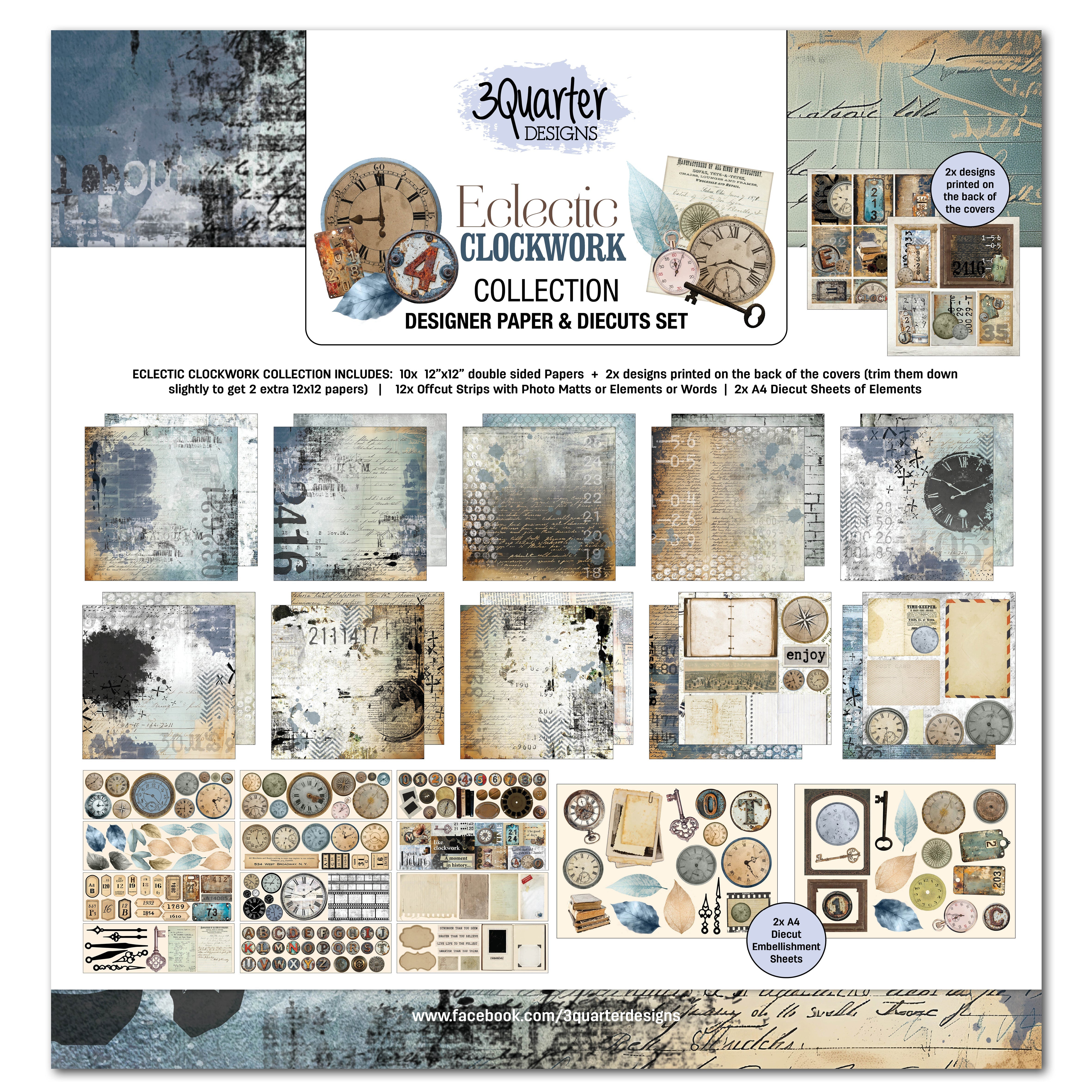 3Quarter Designs Eclectic Clocks 12x12 Design Paper & Diecuts Set