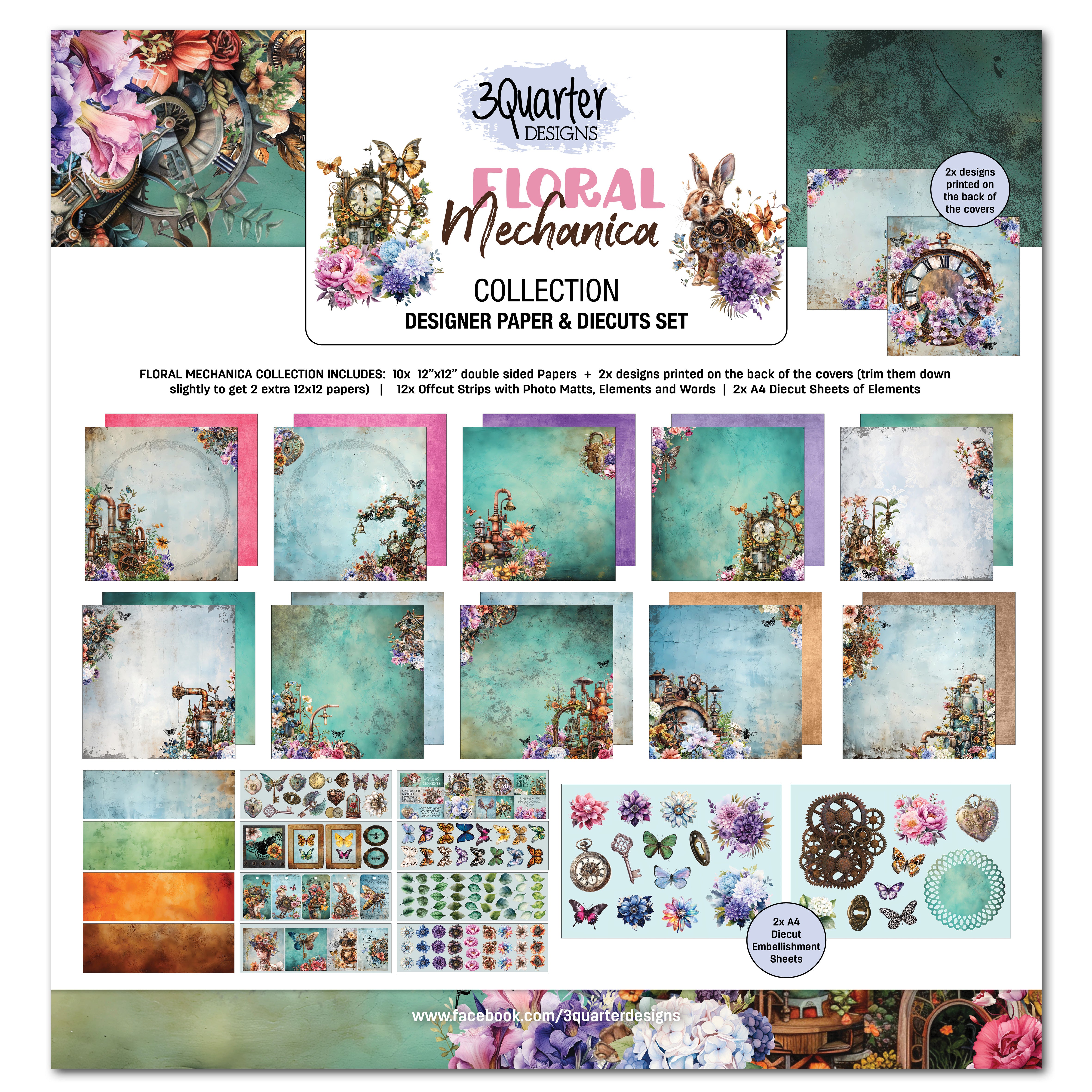 3Quarter Designs Floral Mechanica 12x12 Design Paper & Diecuts Set