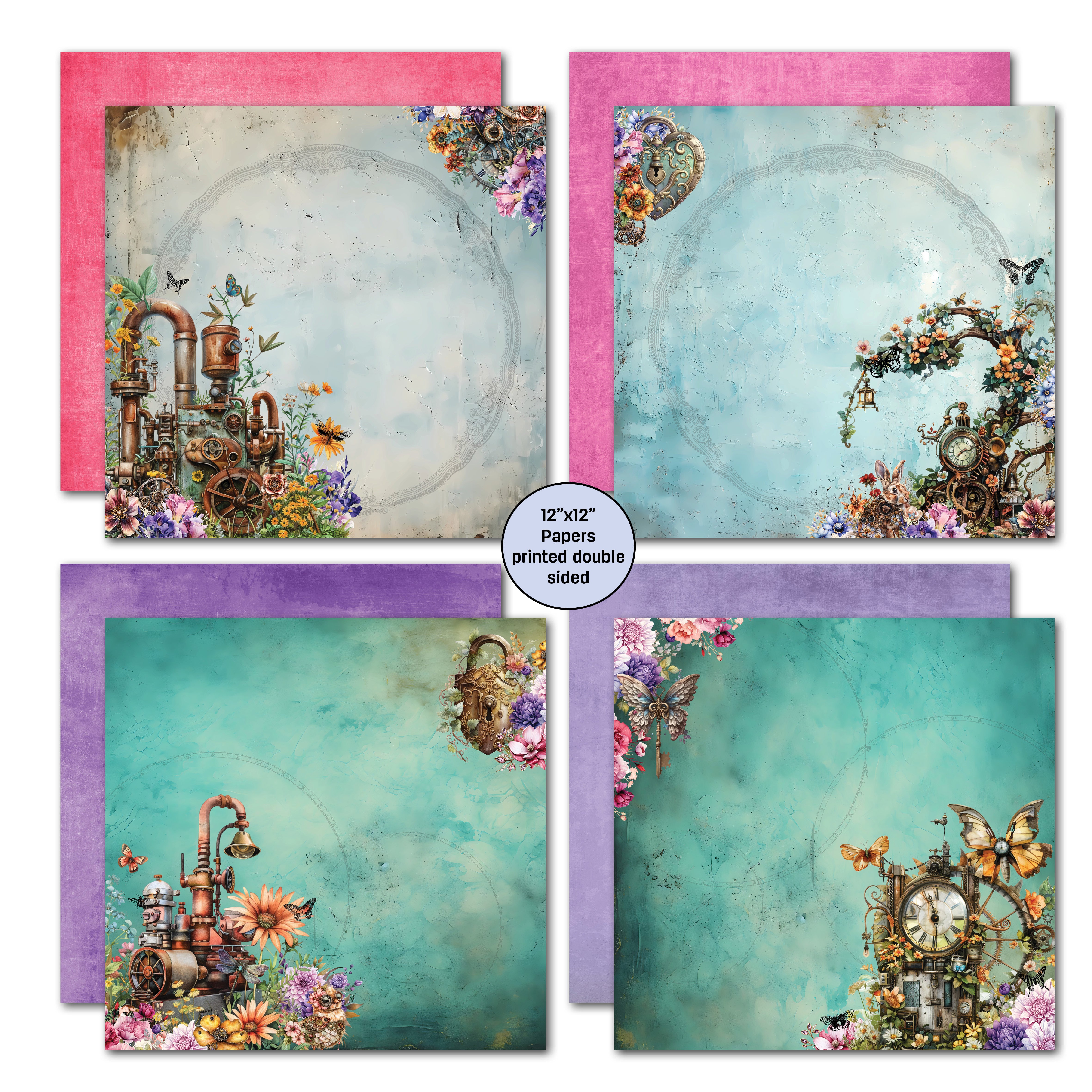 3Quarter Designs Floral Mechanica 12x12 Design Paper & Diecuts Set