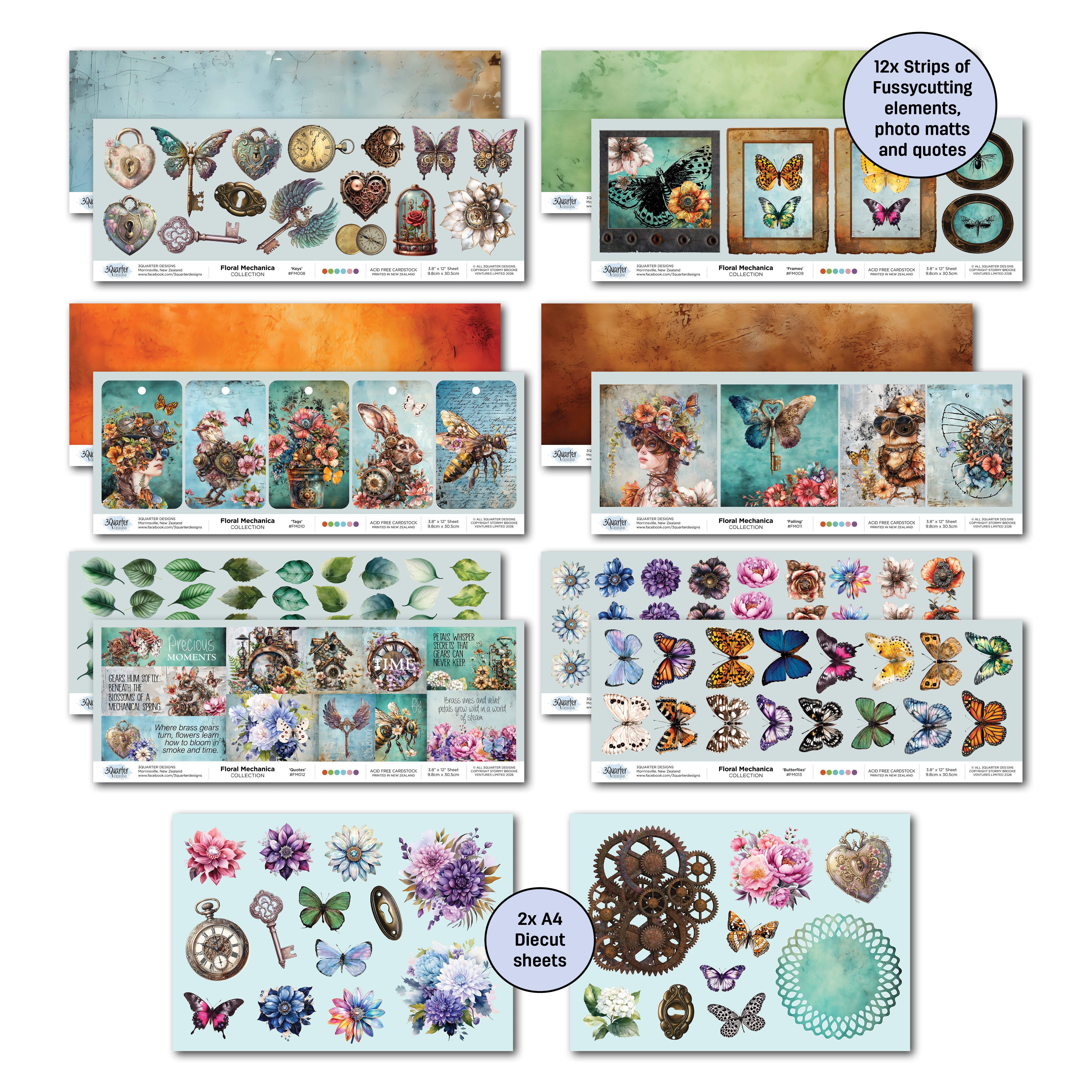 3Quarter Designs Floral Mechanica 12x12 Design Paper & Diecuts Set