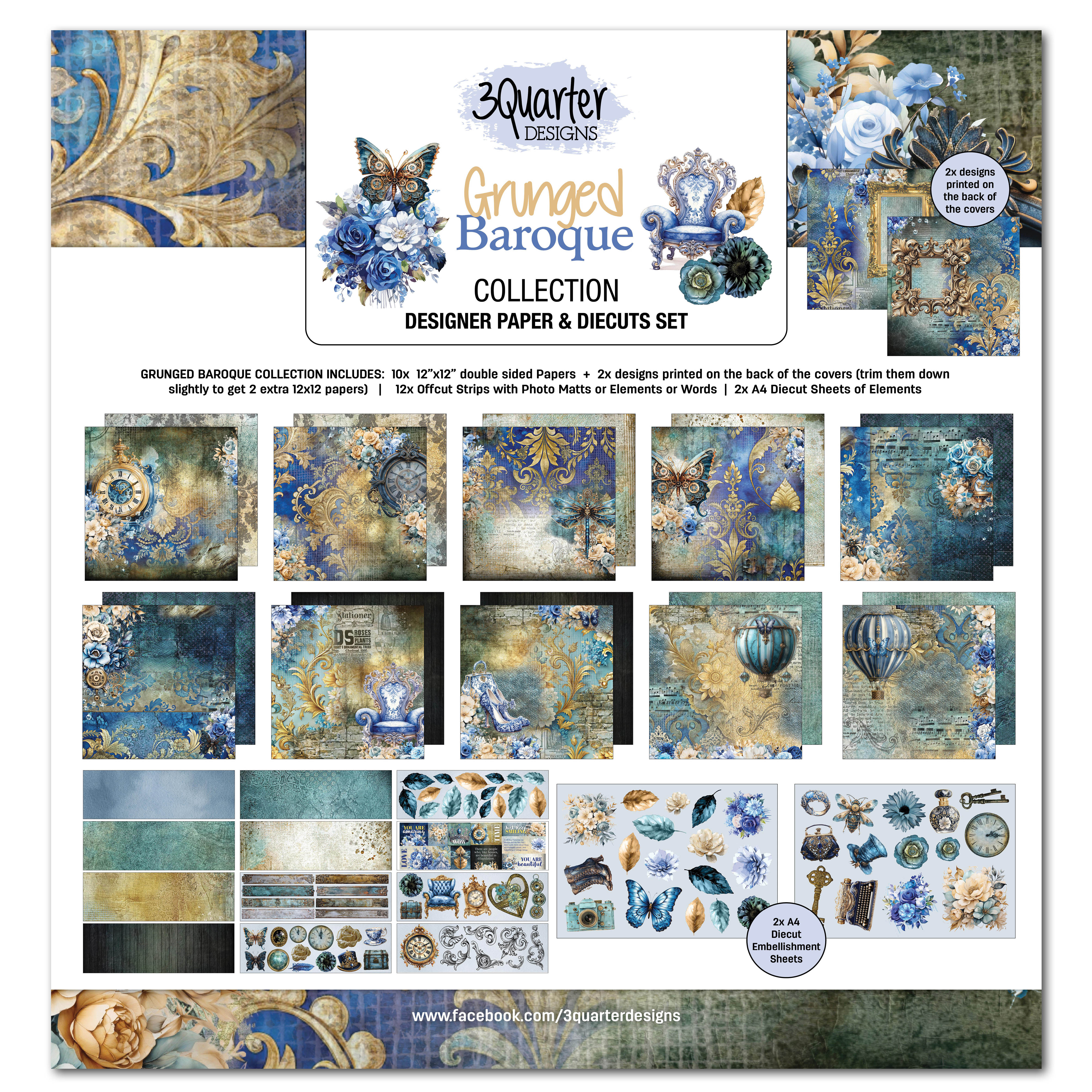 3Quarter Designs Grunged Baroque 12x12 Design Paper & Diecuts Set