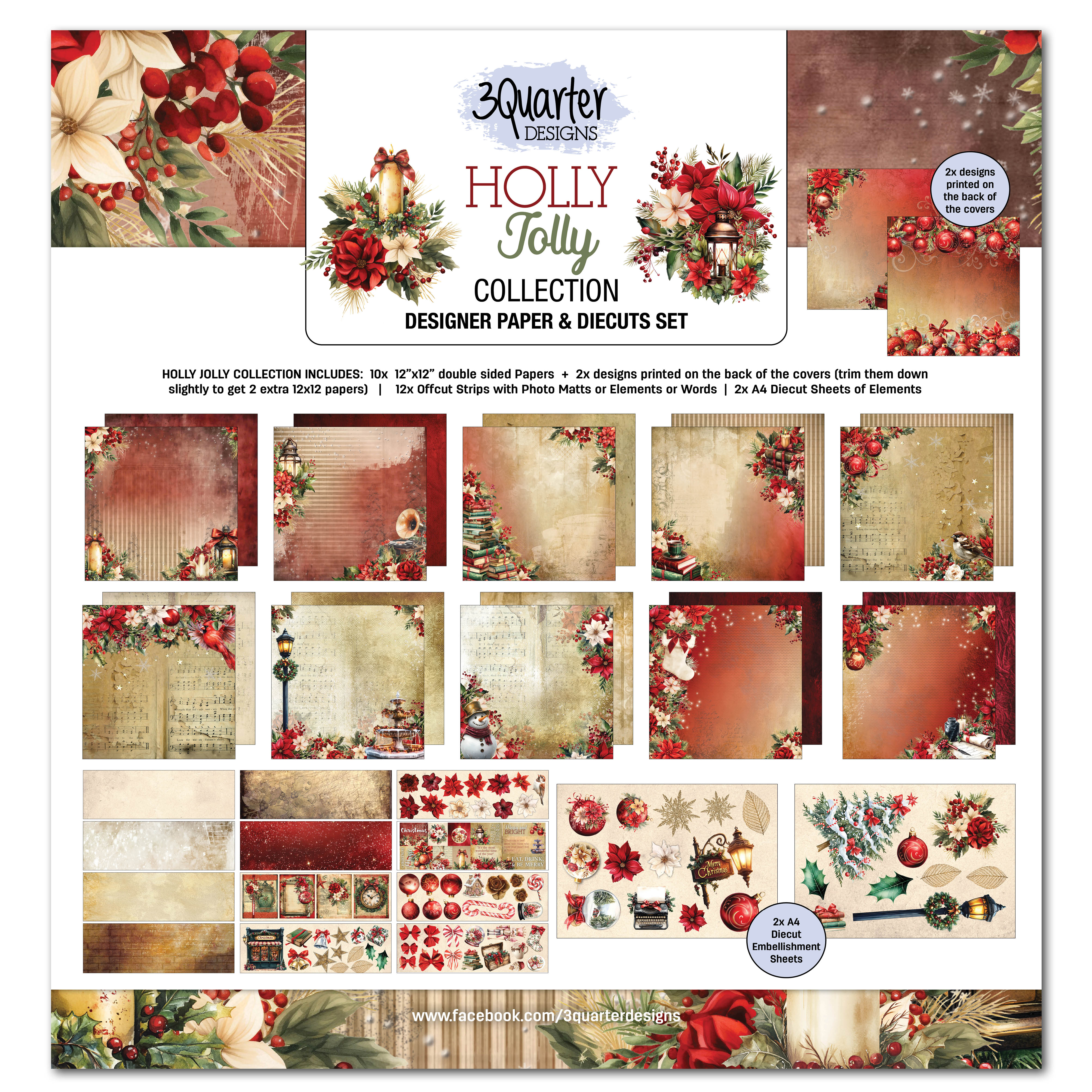 3Quarter Designs Holly Jolly 12x12 Design Paper & Diecuts Set