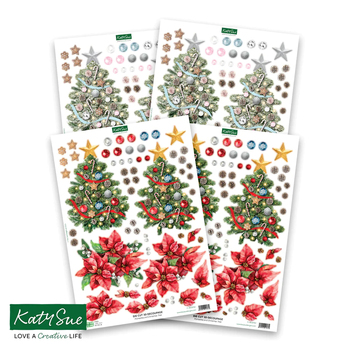 Die Cut Decoupage – Poinsettia and Christmas Tree (Pack Of 4)