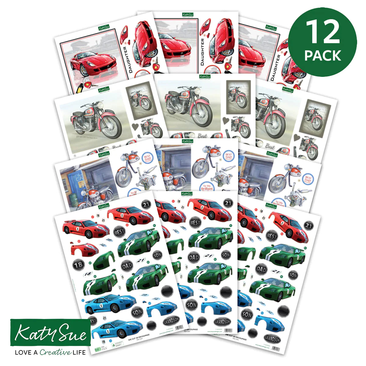 Die Cut Decoupage – Cars and Bikes (Pack Of 12)