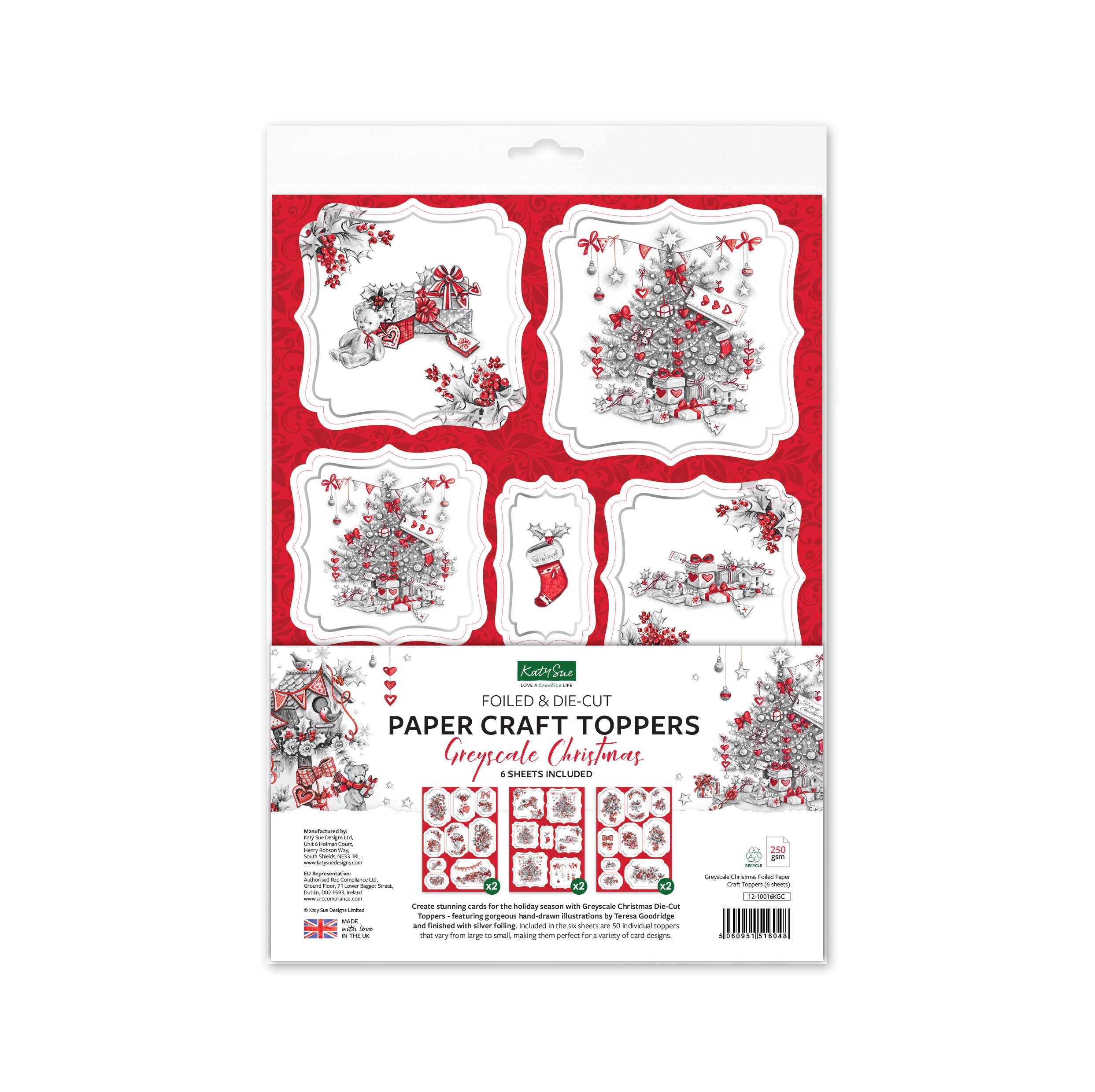Greyscale Christmas Foiled Paper Craft Toppers, 6 sheets