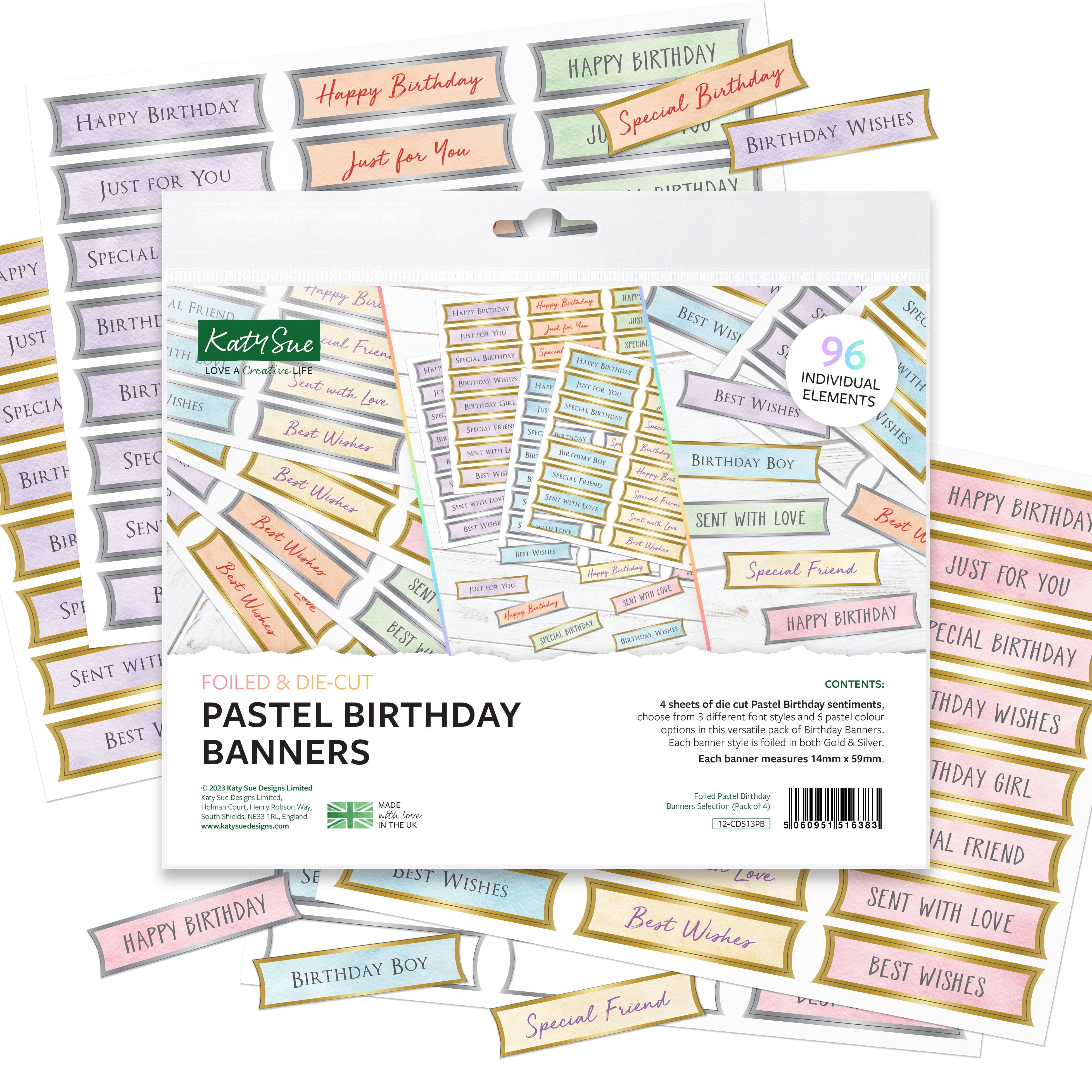 Foiled Pastel Birthday Banners Selection, 4 Sheets