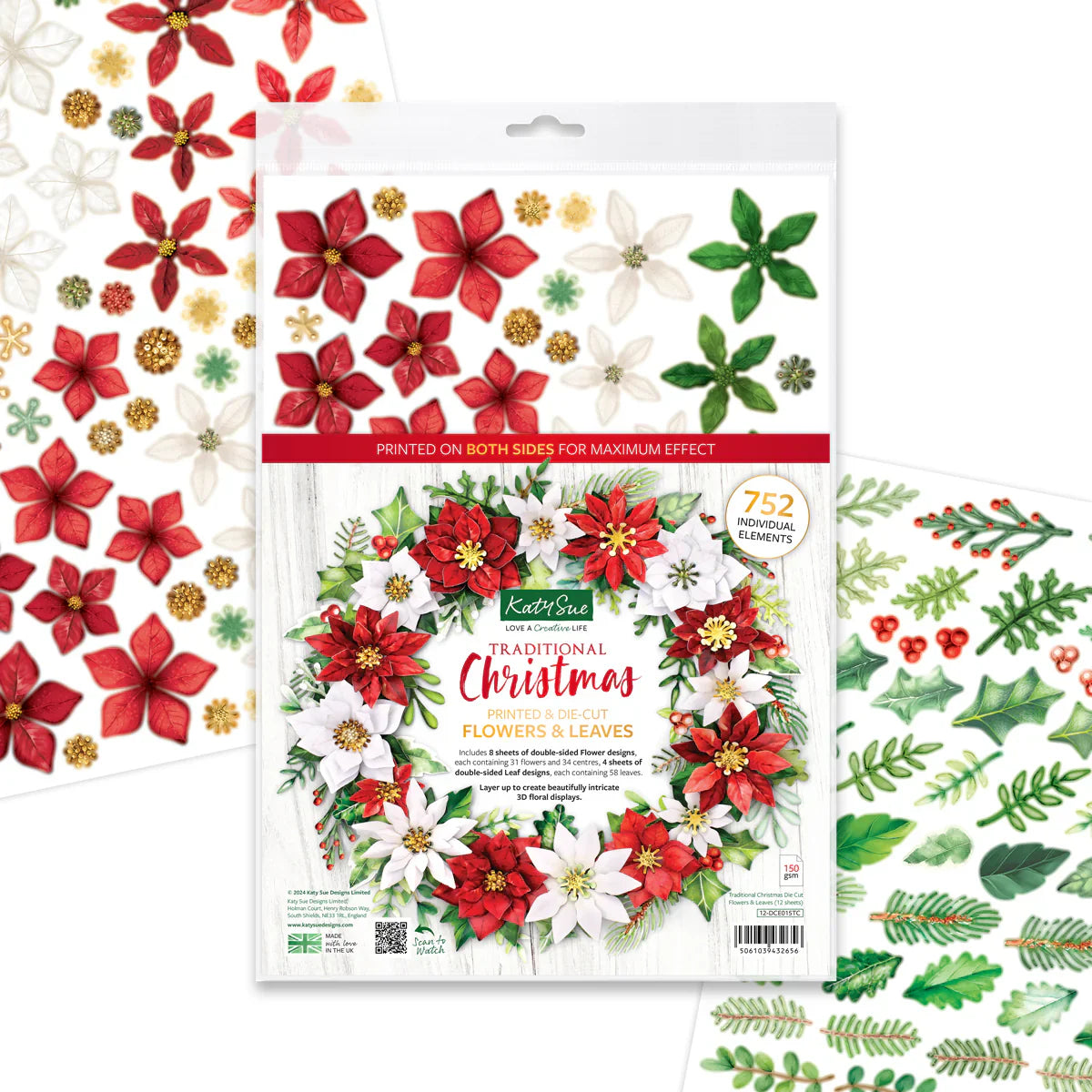 Traditional Christmas, Die Cut Flowers & Leaves, 12 sheets