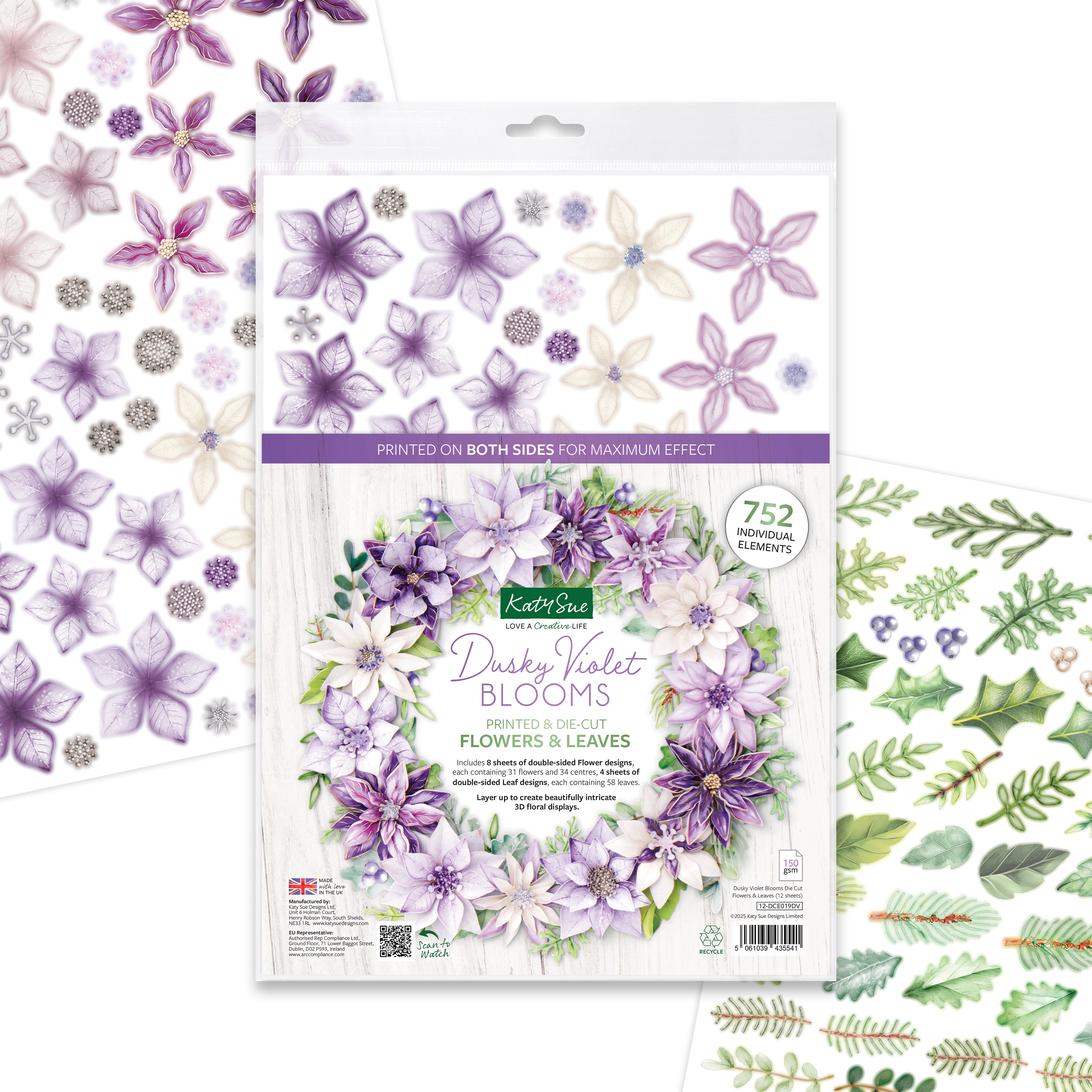 Dusky Violet Blooms, Die Cut Flowers & Leaves, 12 sheets