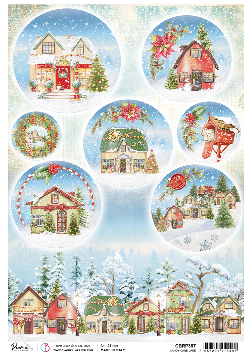 Ciao Bella Rice Paper A4 Piuma Candy Cane Lane - 5 Sheets