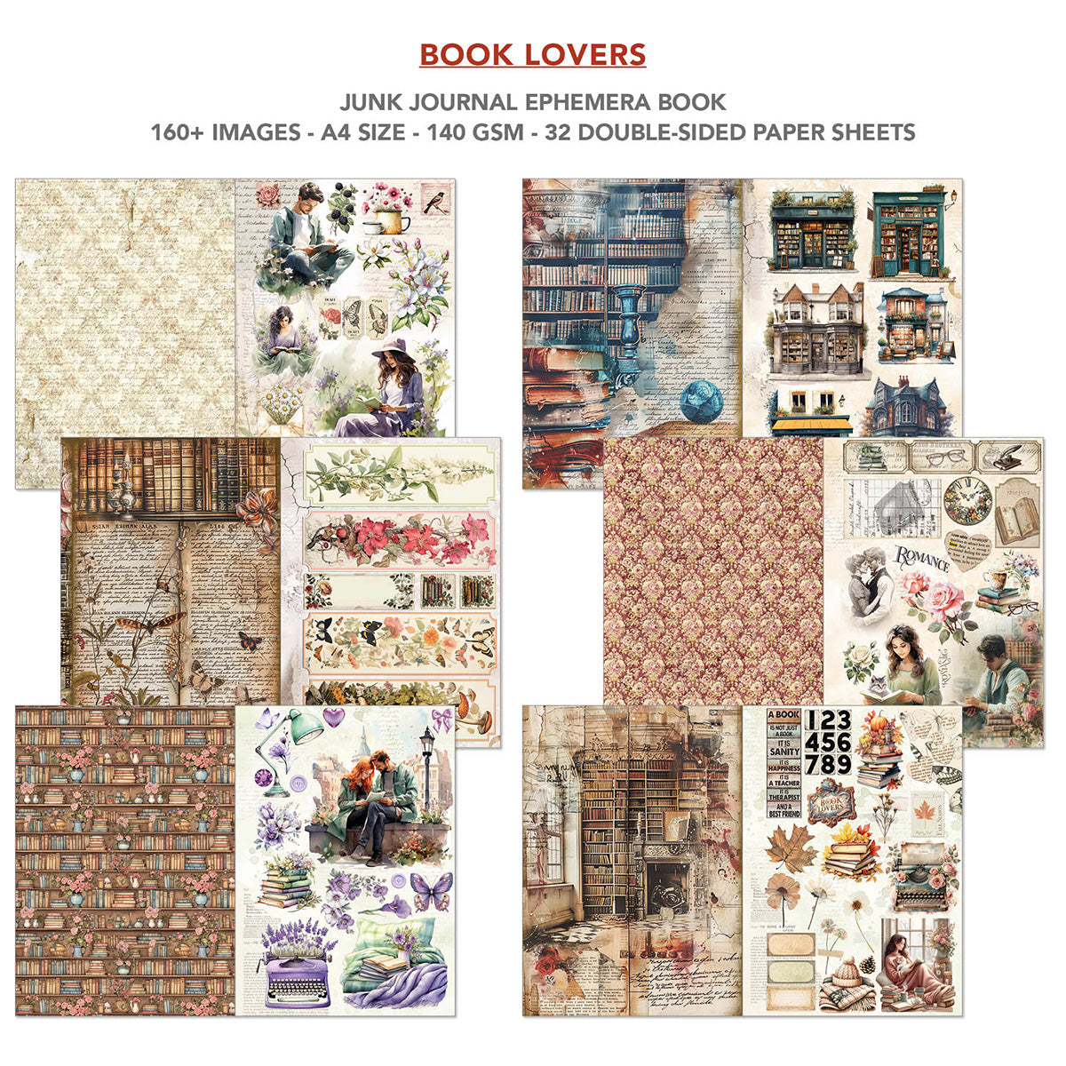 Book Lovers Junk Journal & Ephemera Book  A4 32/Pkg