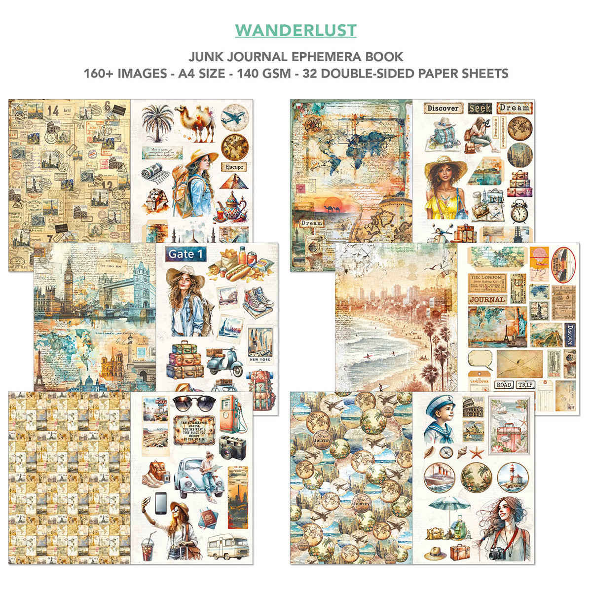 Wanderlust Junk Journal & Ephemera Book A4 32/Pkg