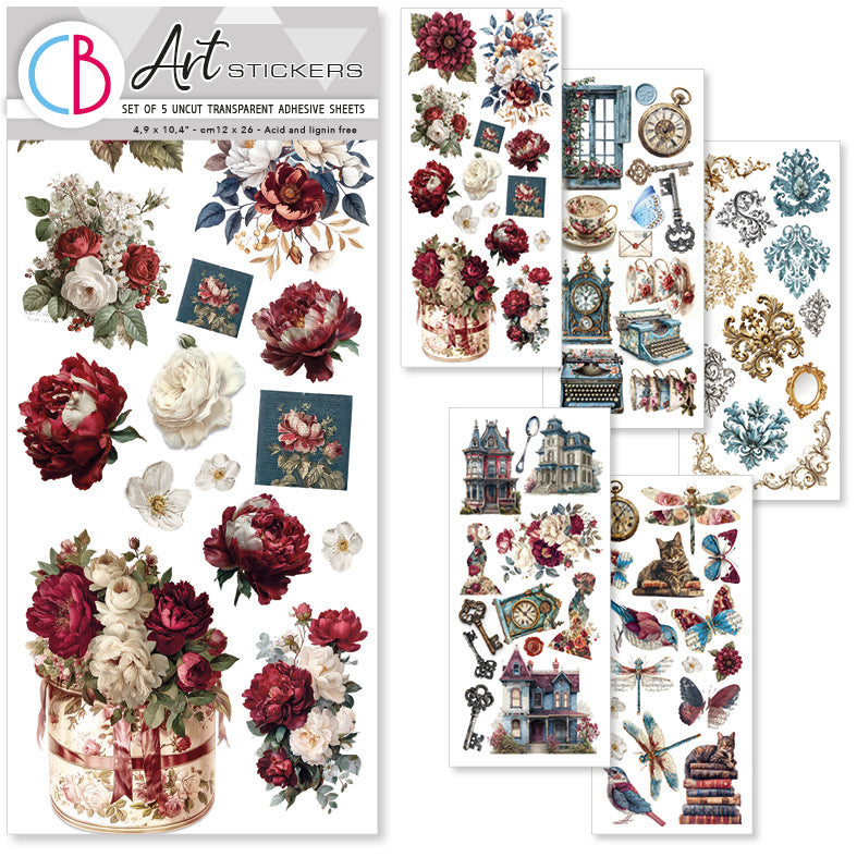 Bohemian Burgundy Art Stickers Transparent Adhesive Sheets 5/Pkg