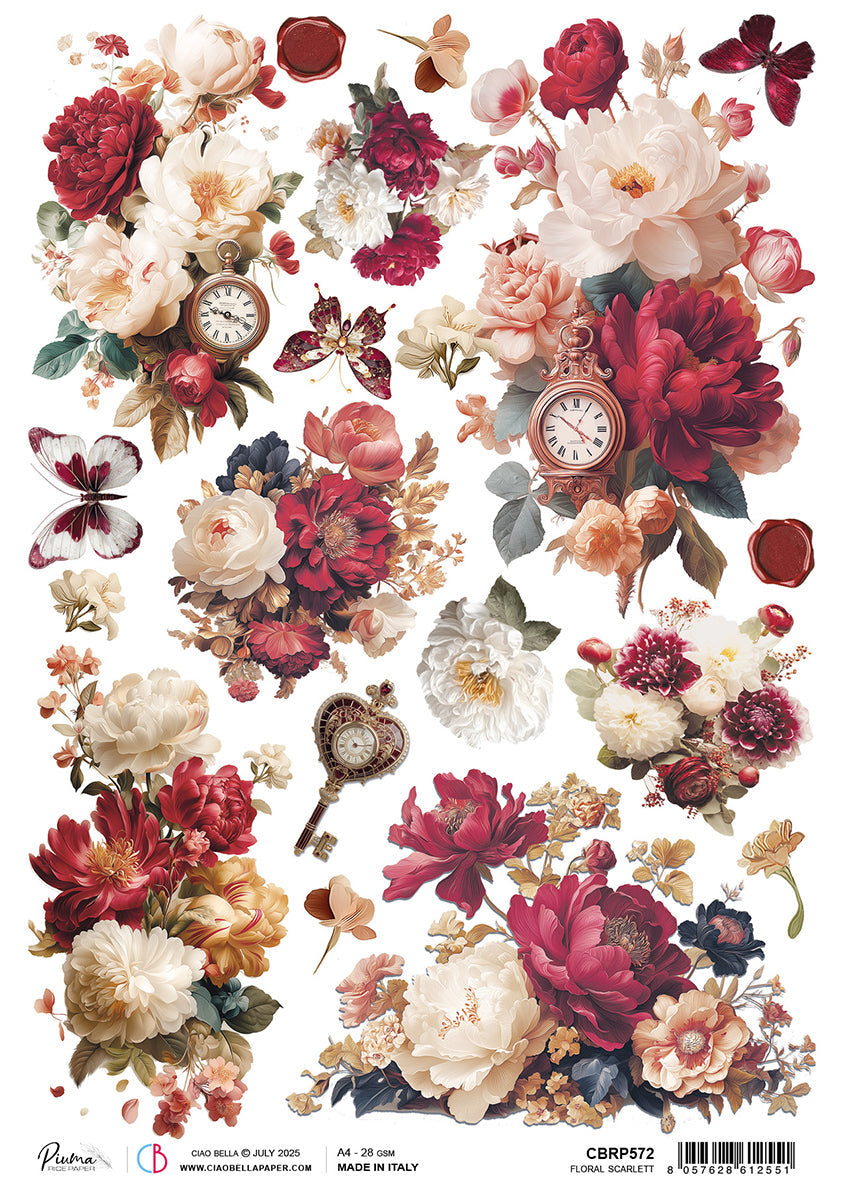 Book Lovers Rice Paper A4 Floral Scarlett - 5 Sheets