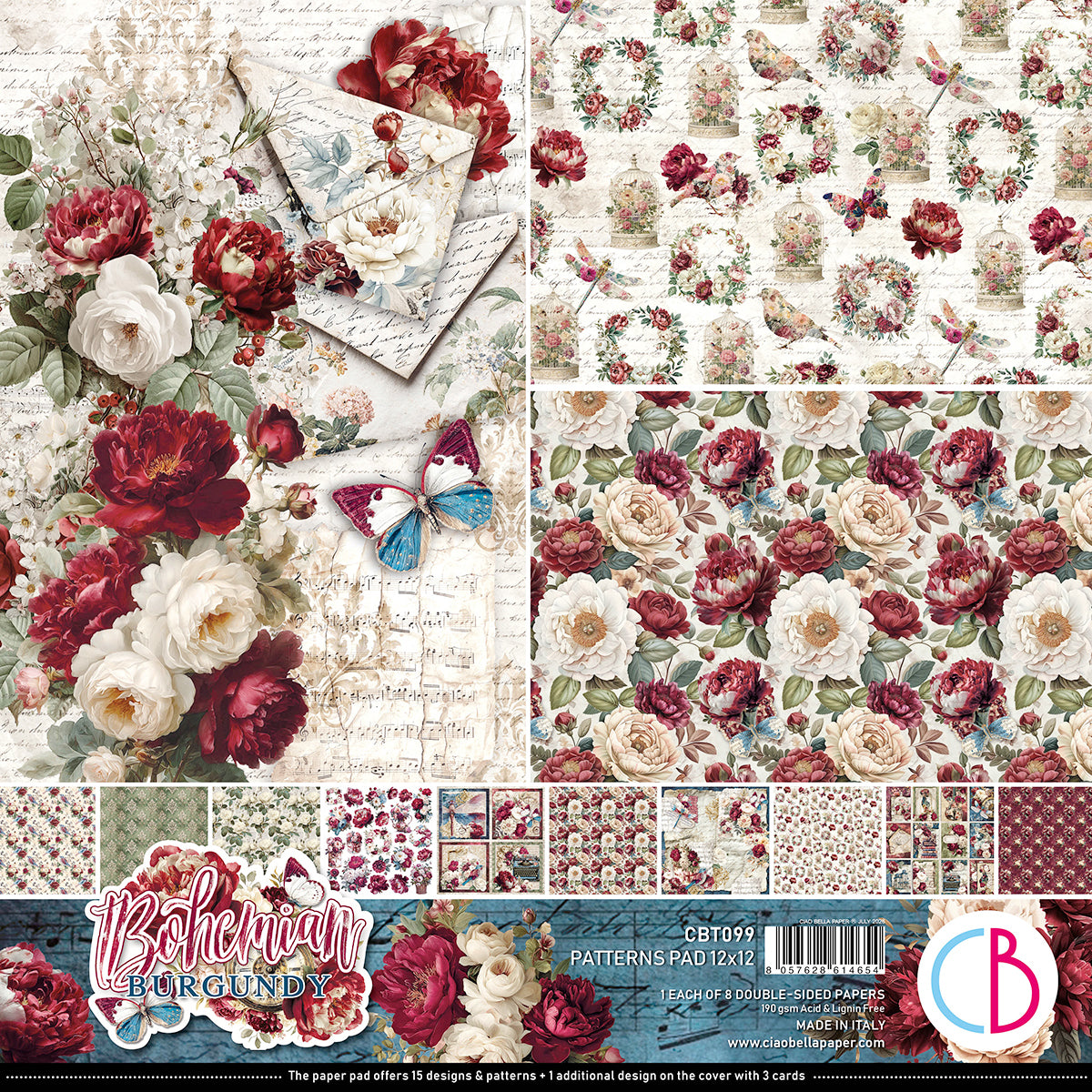 Bohemian Burgundy Patterns Pad 12"x12" 8/Pkg
