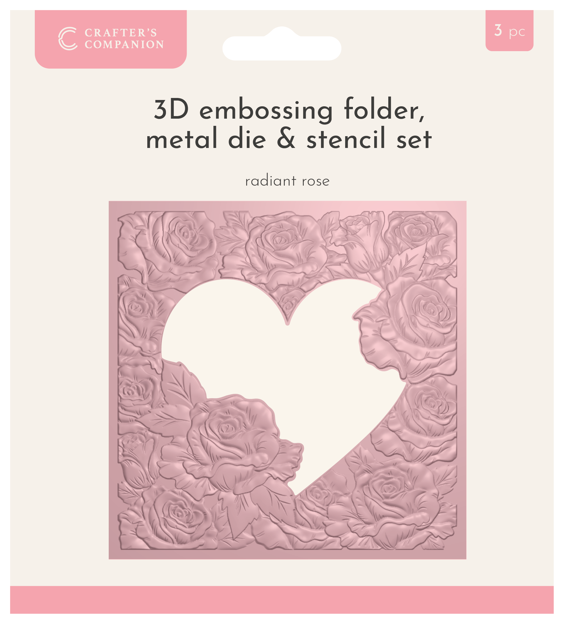 Crafters Companion 5.5” X 5.5” 3D Embossing Folder, Metal Die and Stencil Set - Radiant Rose