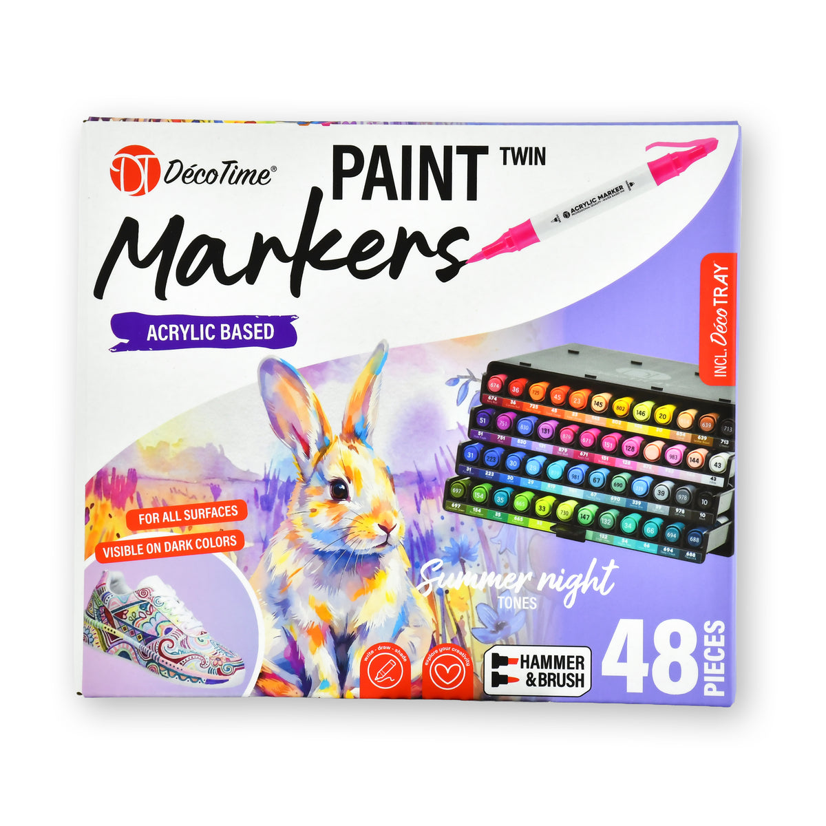 Decotime Acrylic Paint Twin Markers - Summer Night - Hammer & Brush Tip - incl. Decotray - 48 Pieces