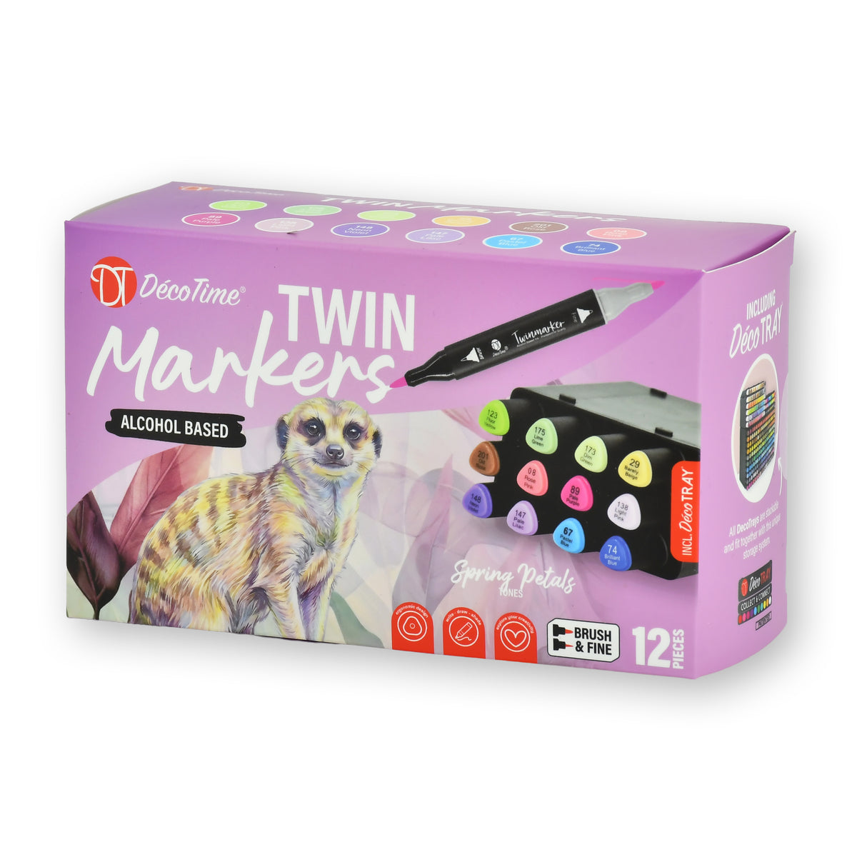 Decotime Alcohol Twin Markers - Spring Petals Tones - Brush & Fine Tip - incl. Decotray - 12 Pieces