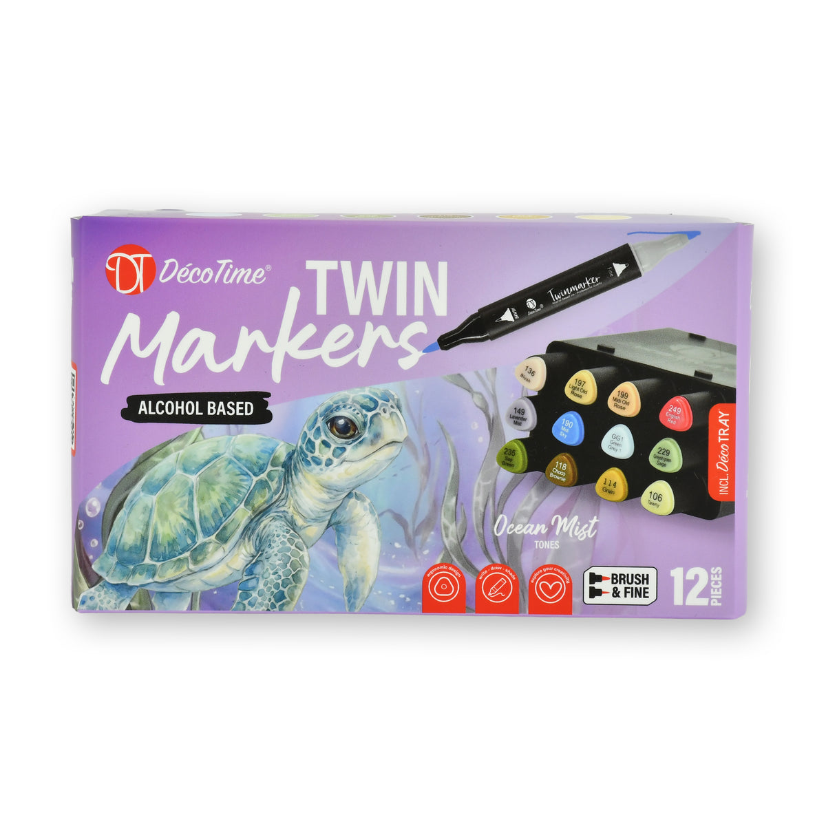 Decotime Alcohol Twin Markers - Ocean Mist Tones - Brush & Fine Tip - incl. Decotray - 12 Pieces