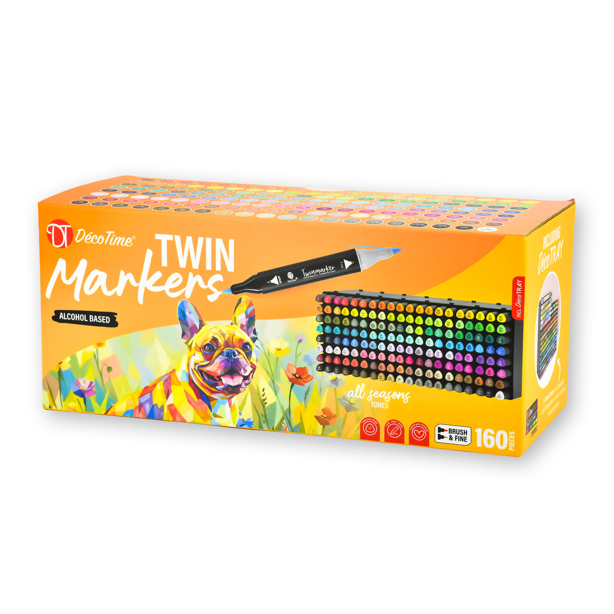 Decotime Alcohol Twin Markers - All Seasons - Brush & Fine Tip - incl. Decotray - 160 Pieces