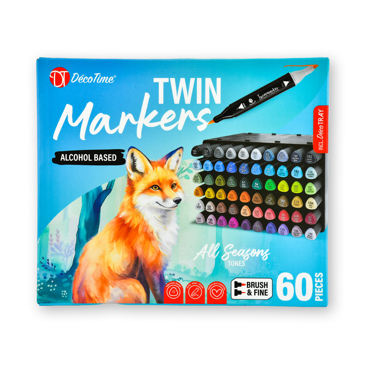 Decotime Alcohol Twin Markers - All Seasons - Brush & Fine Tip - incl. Decotray - 60 Pieces