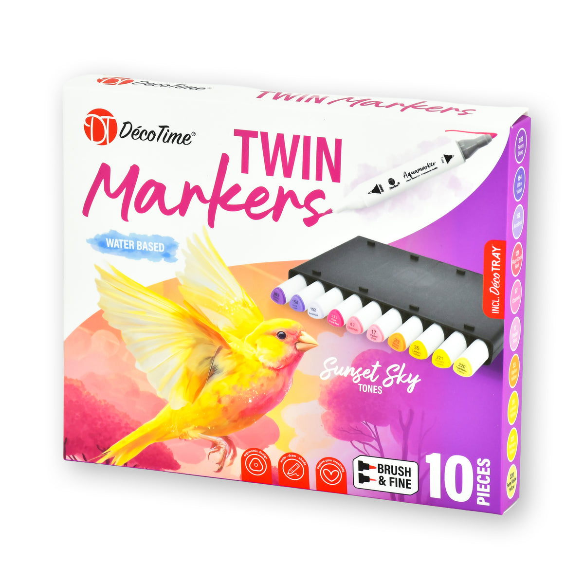 Decotime Aqua Twin Markers - Sunset Sky Tones - Brush & Fine Tip - incl. Decotray - 10 Pieces