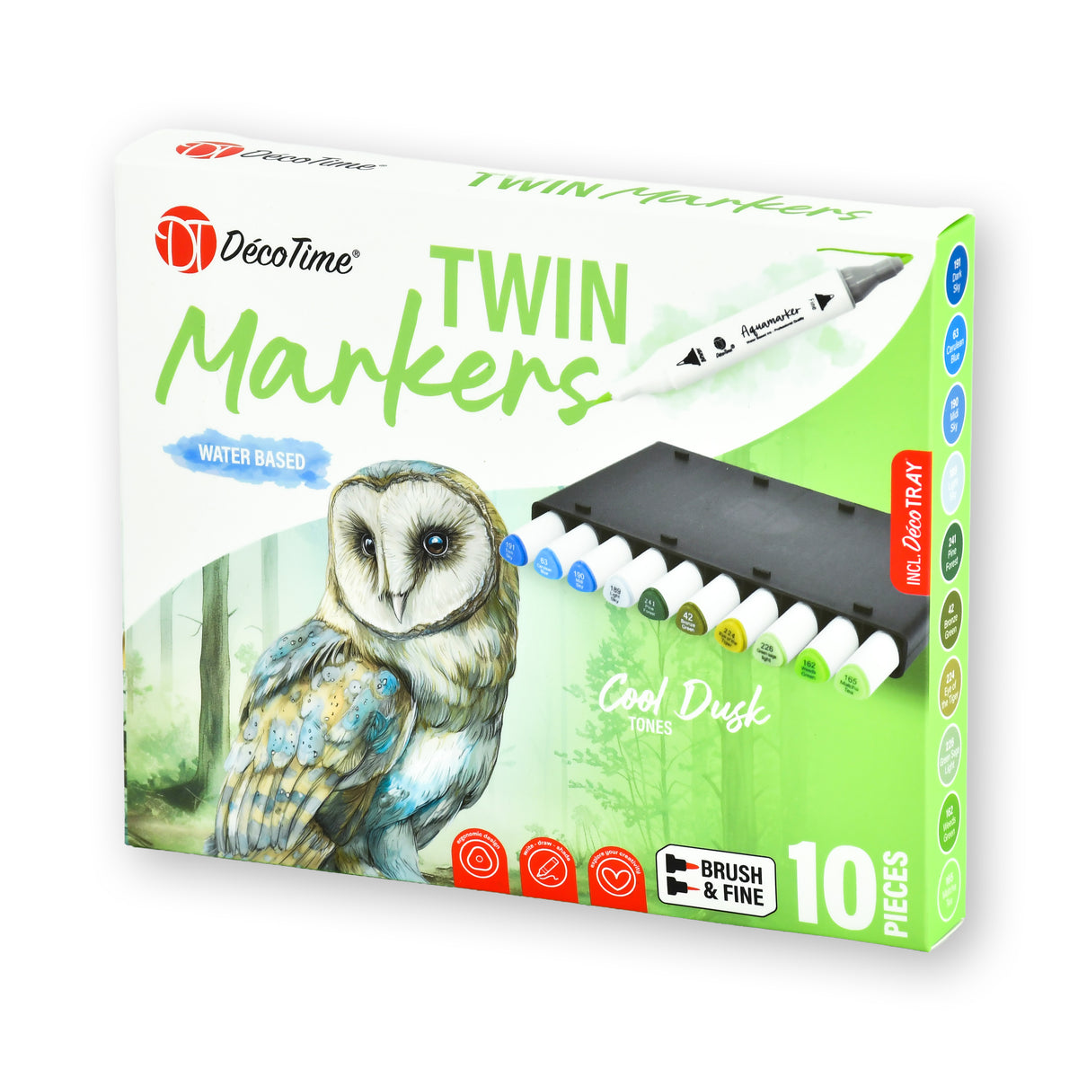 Decotime Aqua Twin Markers - Cool Dusk Tones - Brush & Fine Tip - incl. Decotray - 10 Pieces