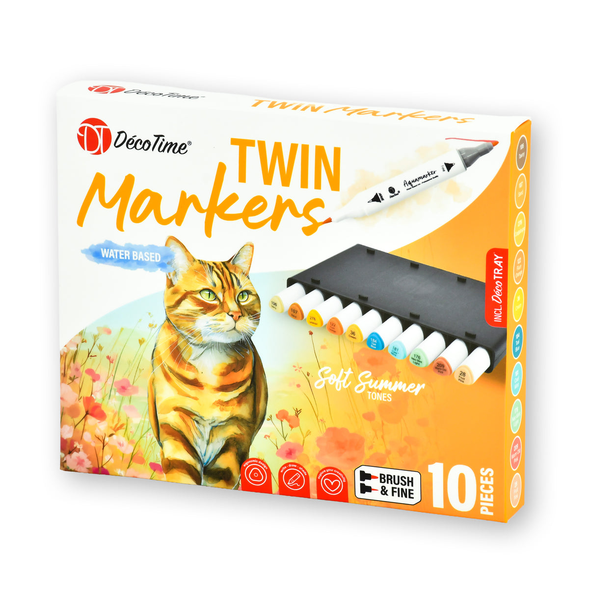 Decotime Aqua Twin Markers - Soft Summer Tones - Brush & Fine Tip - incl. Decotray - 10 Pieces