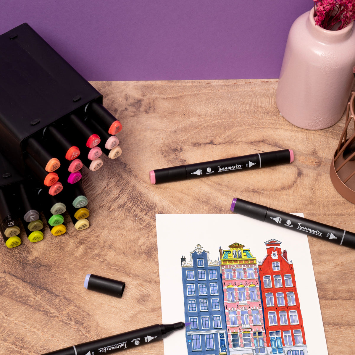 Decotime Alcohol Twin Markers - Spring Petals Tones - Brush & Fine Tip - incl. Decotray - 12 Pieces