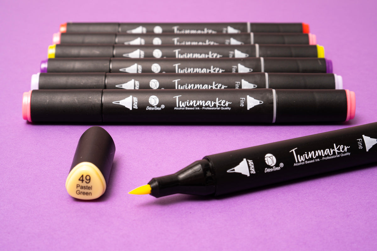 Decotime Alcohol Twin Markers - Spring Petals Tones - Brush & Fine Tip - incl. Decotray - 12 Pieces