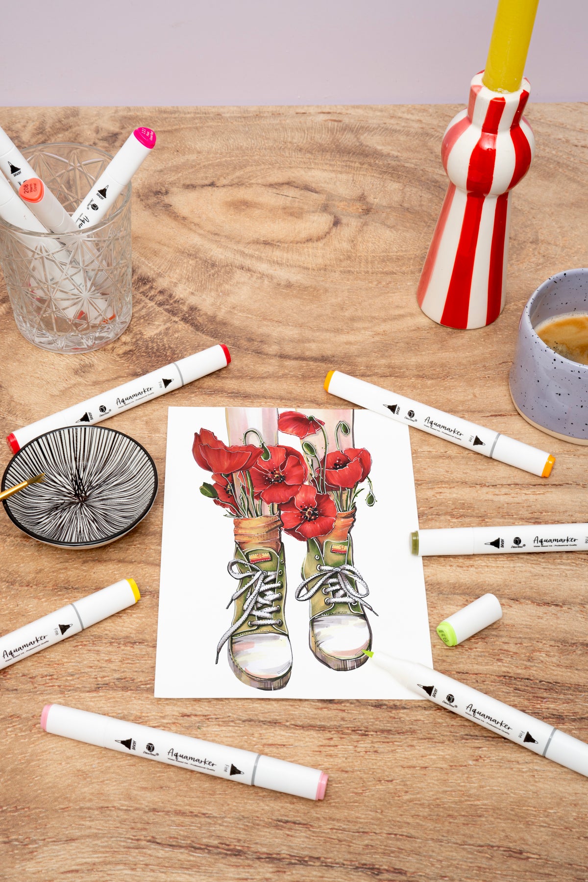 Decotime Aqua Twin Markers - Golden Spring Tones - Brush & Fine Tip - incl. Decotray - 10 Pieces